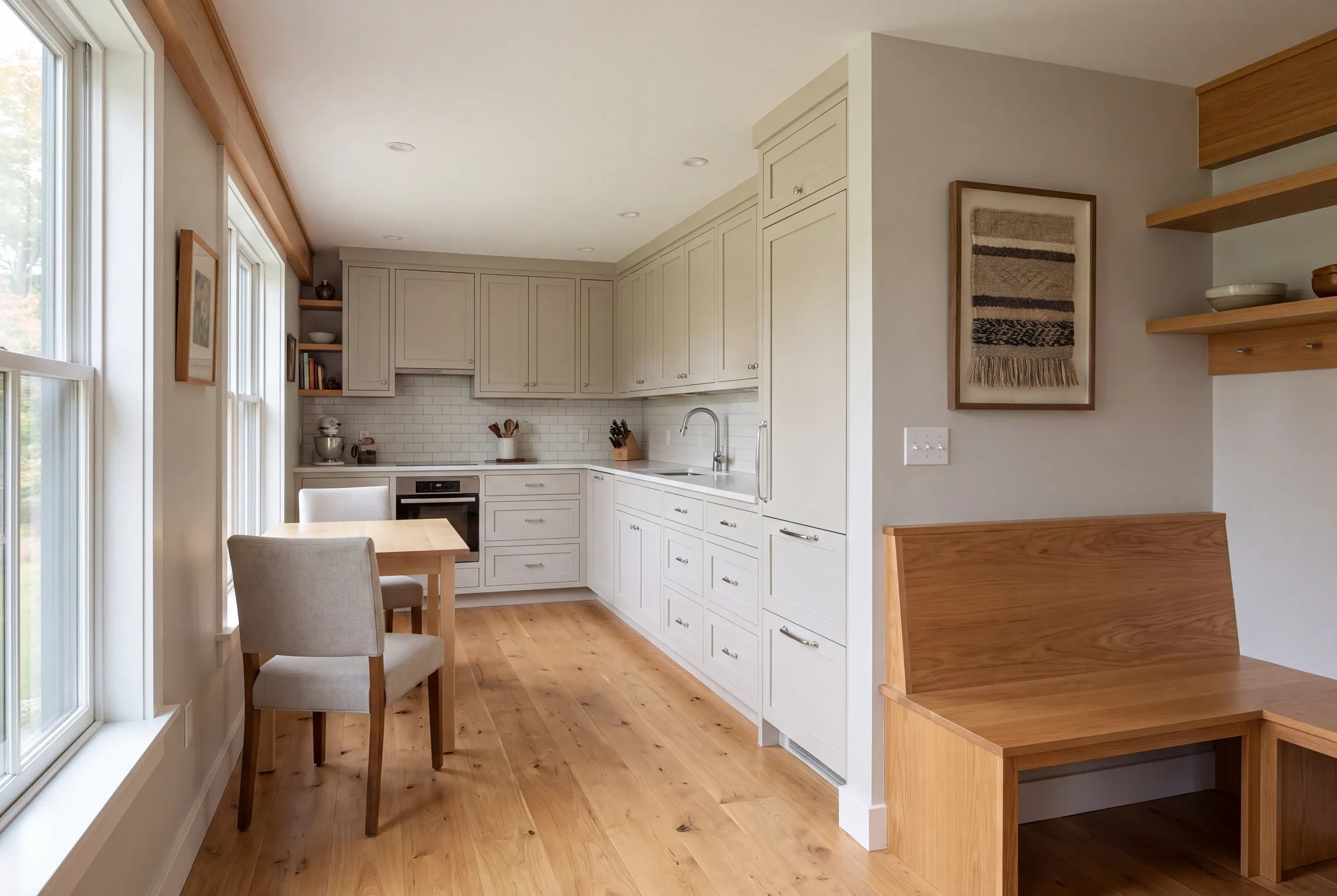 A bright kitchen features light grey shaker cabinetry, hardwood flooring, a small dining table with chairs, and built-in wooden seating.