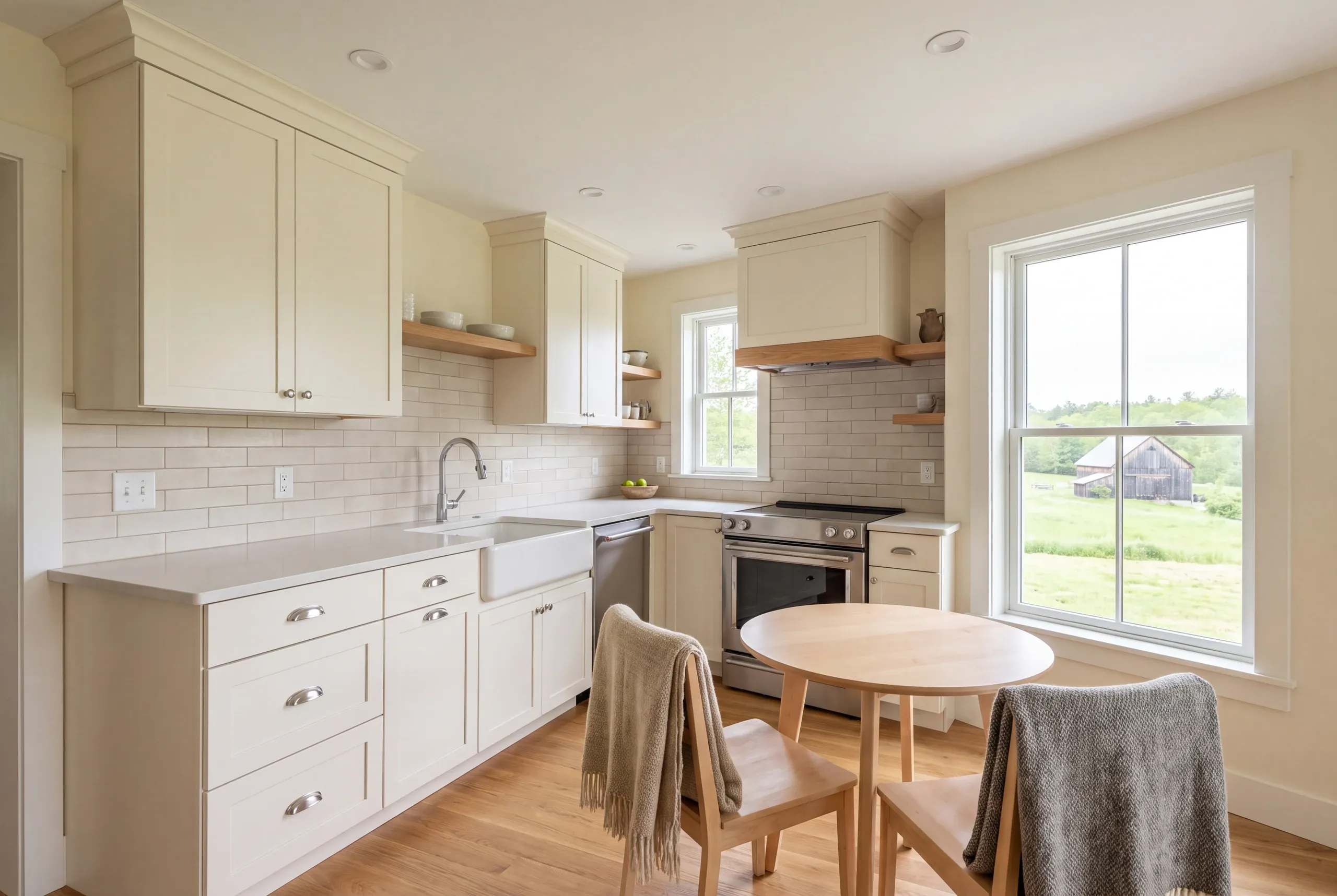 A kitchen interior featuring off-white shaker cabinets, a farmhouse sink, stainless steel appliances, and a round wooden dining table with two chairs.
