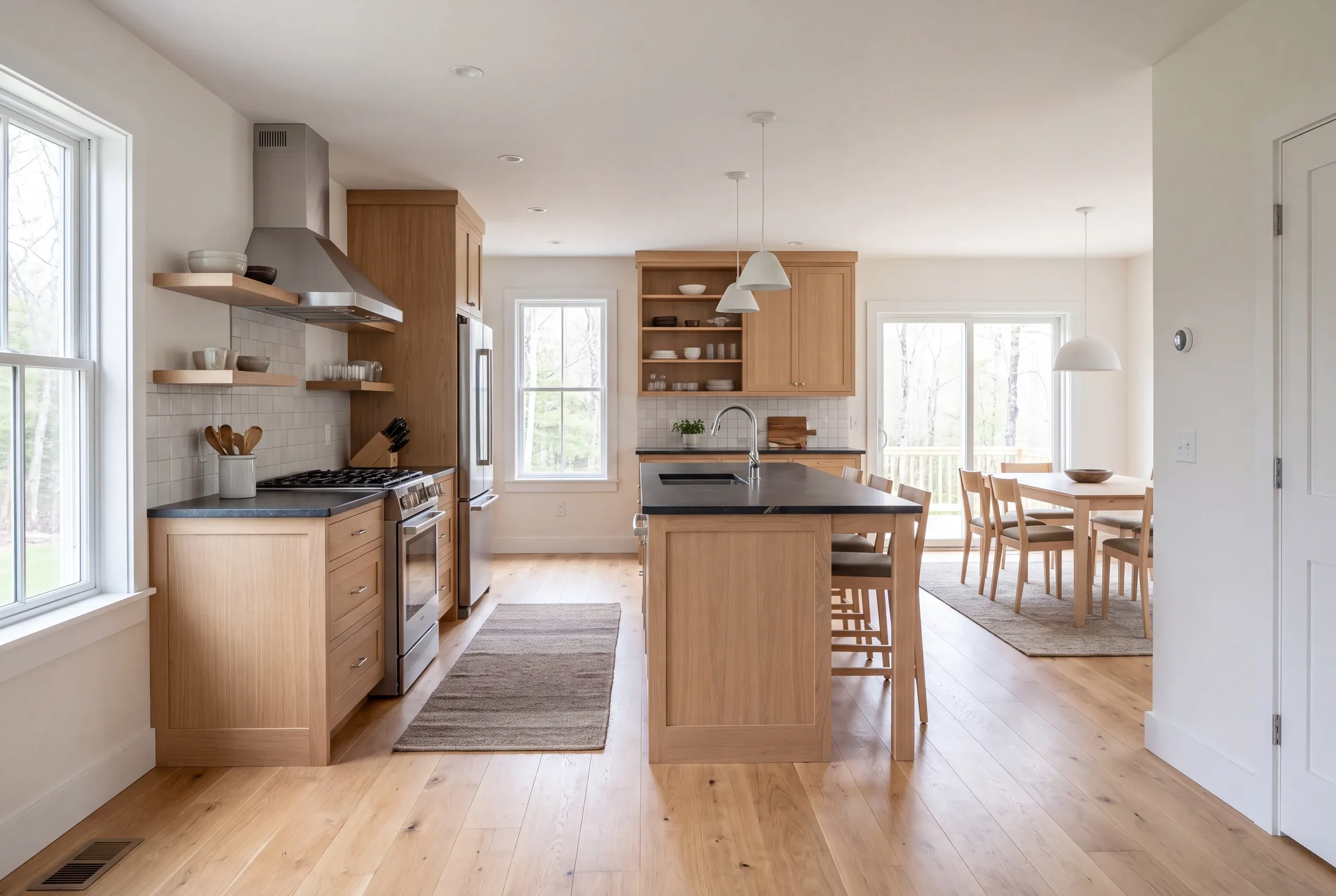 A newly finished modern kitchen features light wood cabinets, dark countertops, a central island, and an adjacent dining area.
