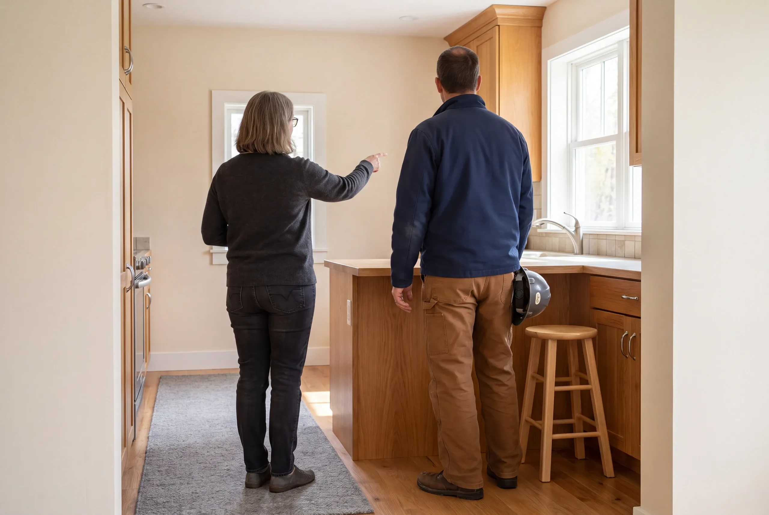 Two adults standing in a finished kitchen looking toward the space.