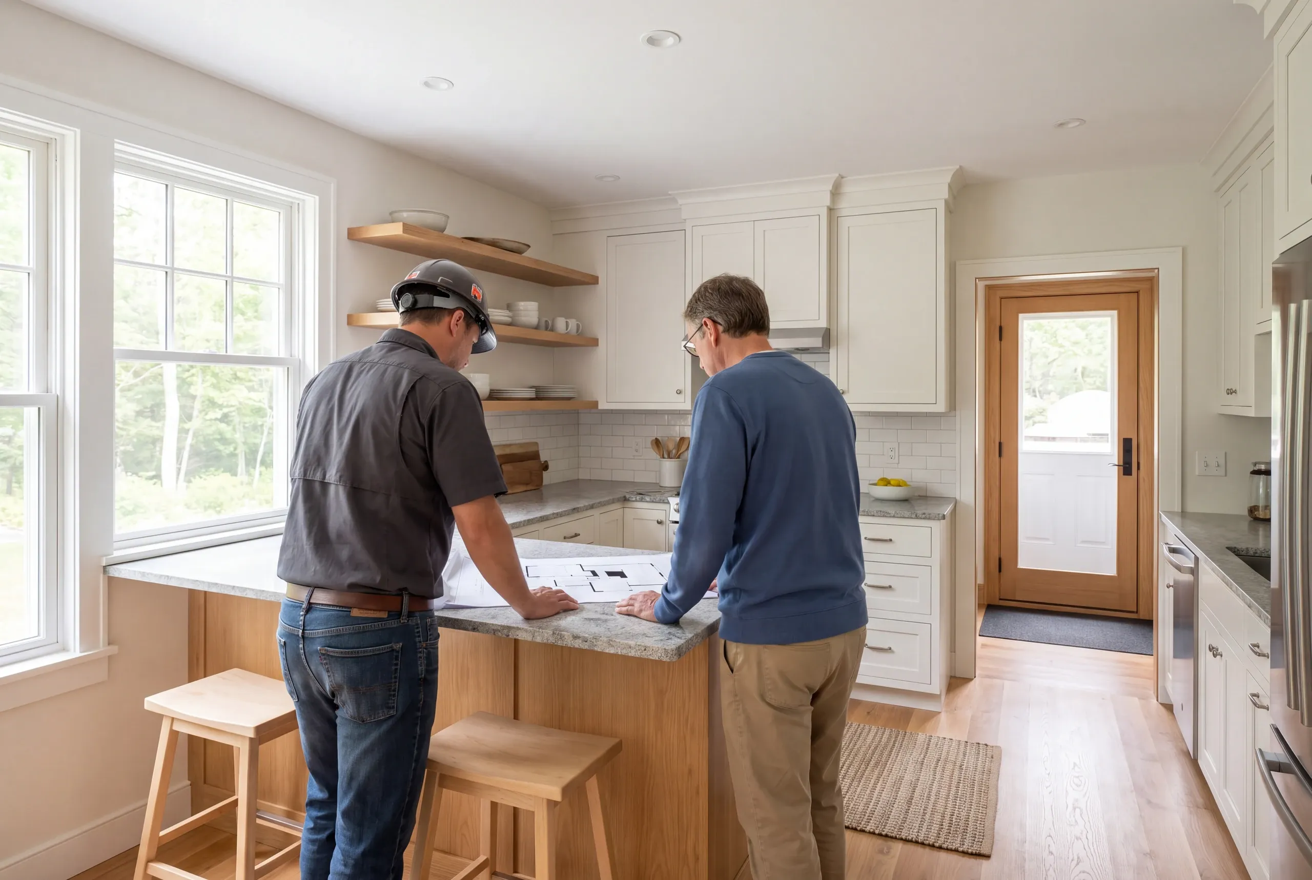 Two men stand facing away from the camera at a kitchen island reviewing blueprints.