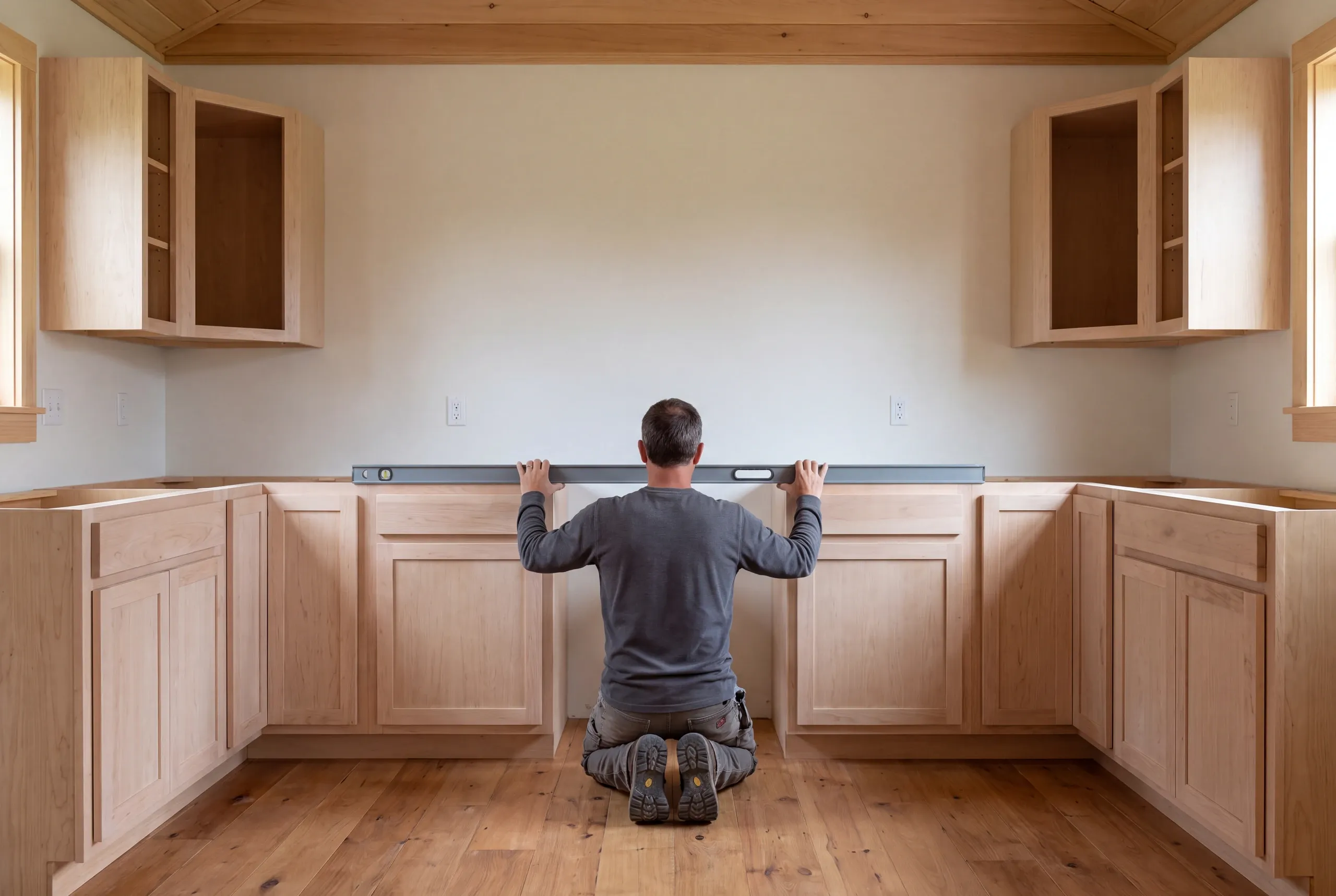 A worker kneels on a wooden floor holding a long level against the wall between unfinished kitchen cabinets.
