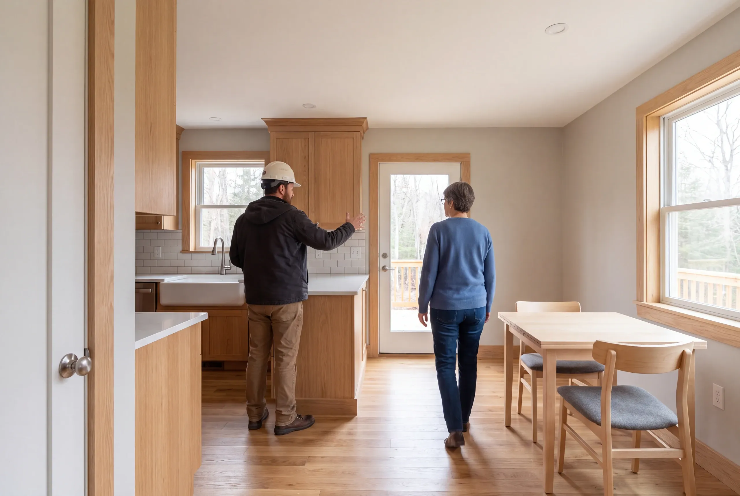 Two adults stand in a finished kitchen with light wood cabinets, hardwood floors, a dining table, and large windows.