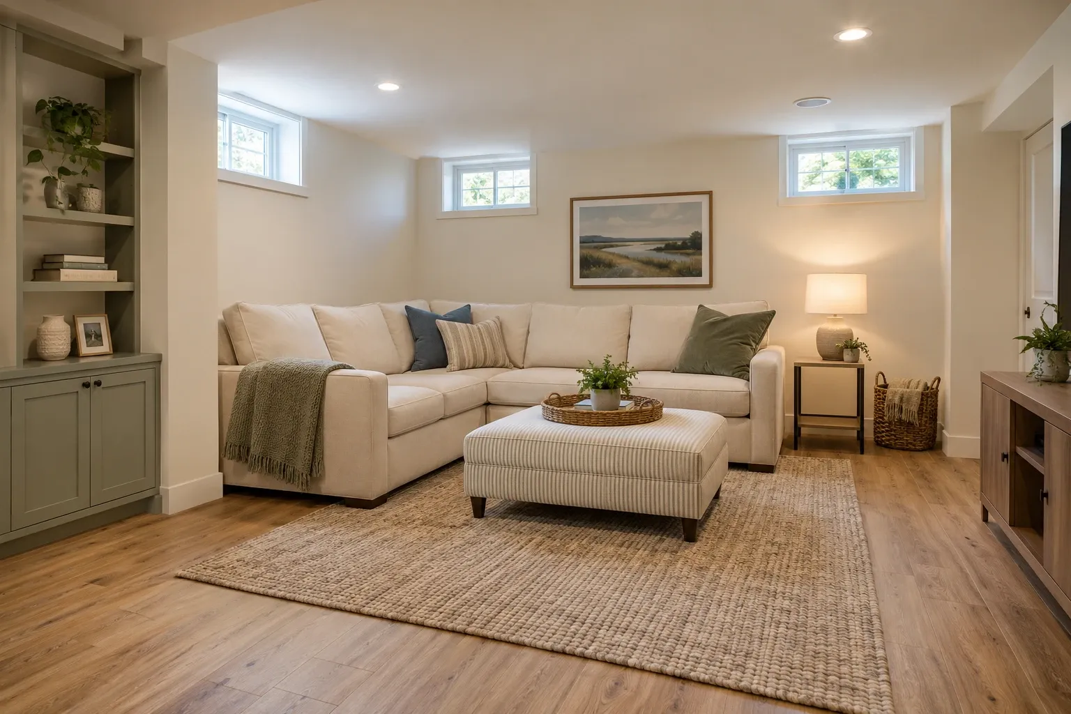 Finished basement family room with high-set windows, a cream sofa and built-in storage