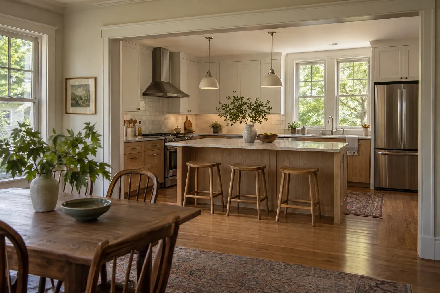Warm kitchen with white and oak cabinetry, pale counters and three oak island stools