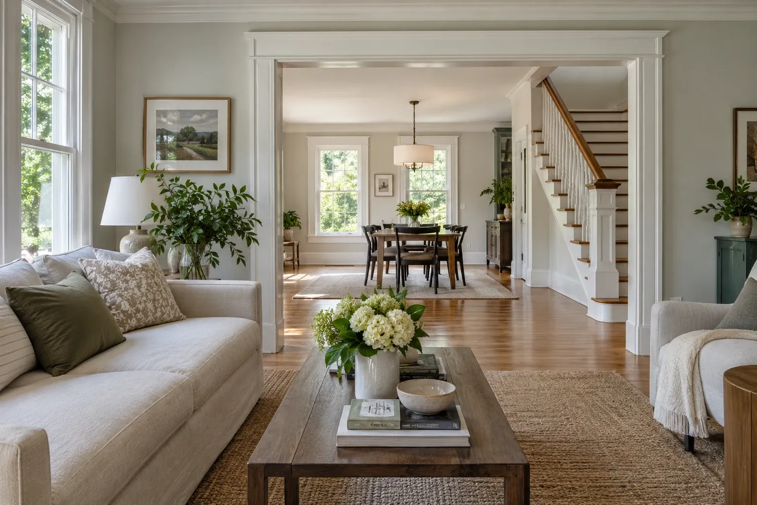 Renovated New England living and dining rooms with oak floors and a restored staircase