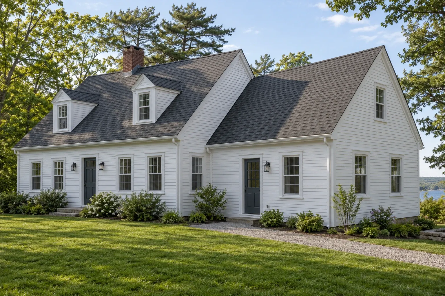 Completed white-clapboard home with a matching connected single-story wing