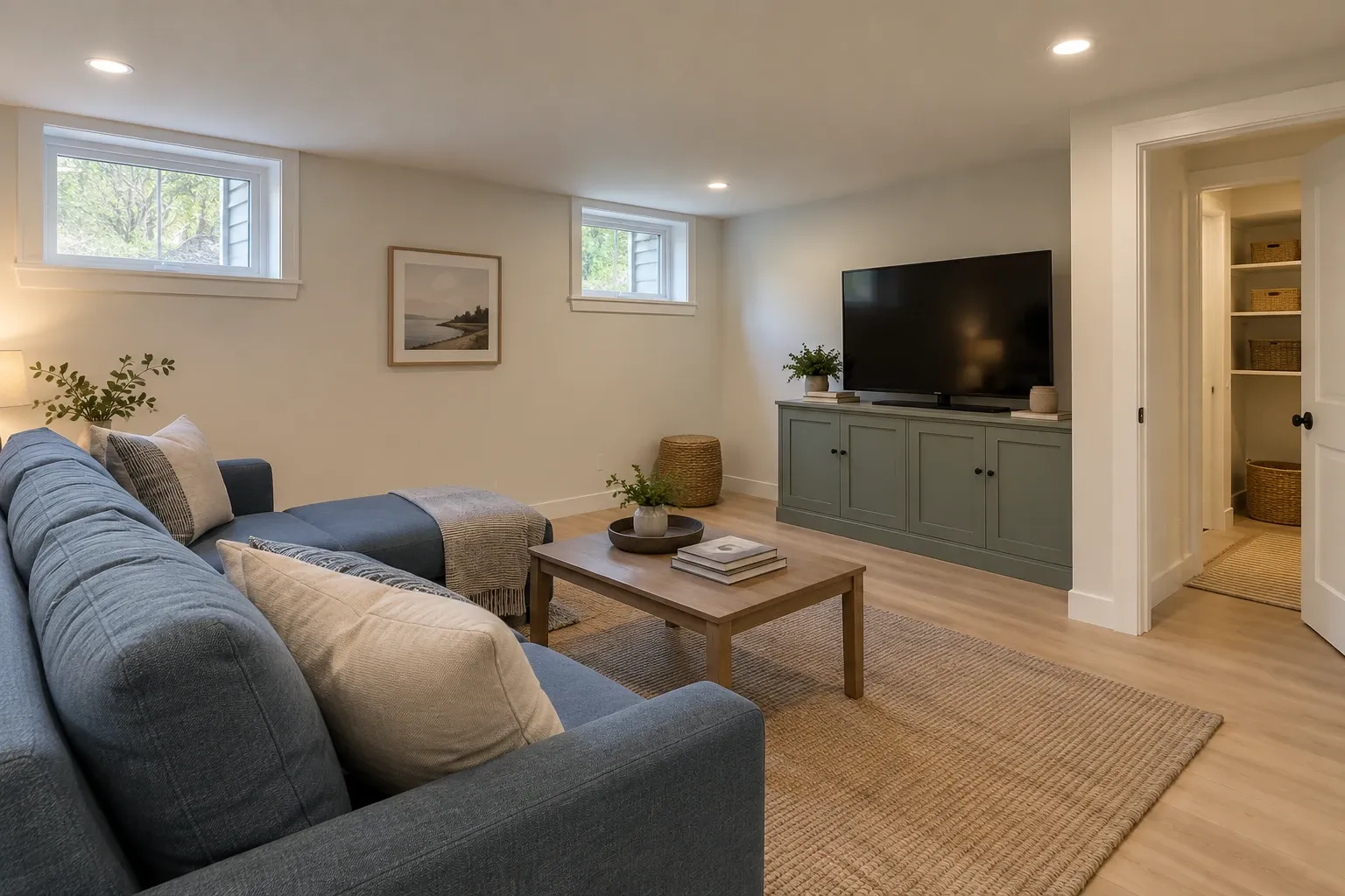 Finished basement family room with high-set windows, a sofa and closed storage