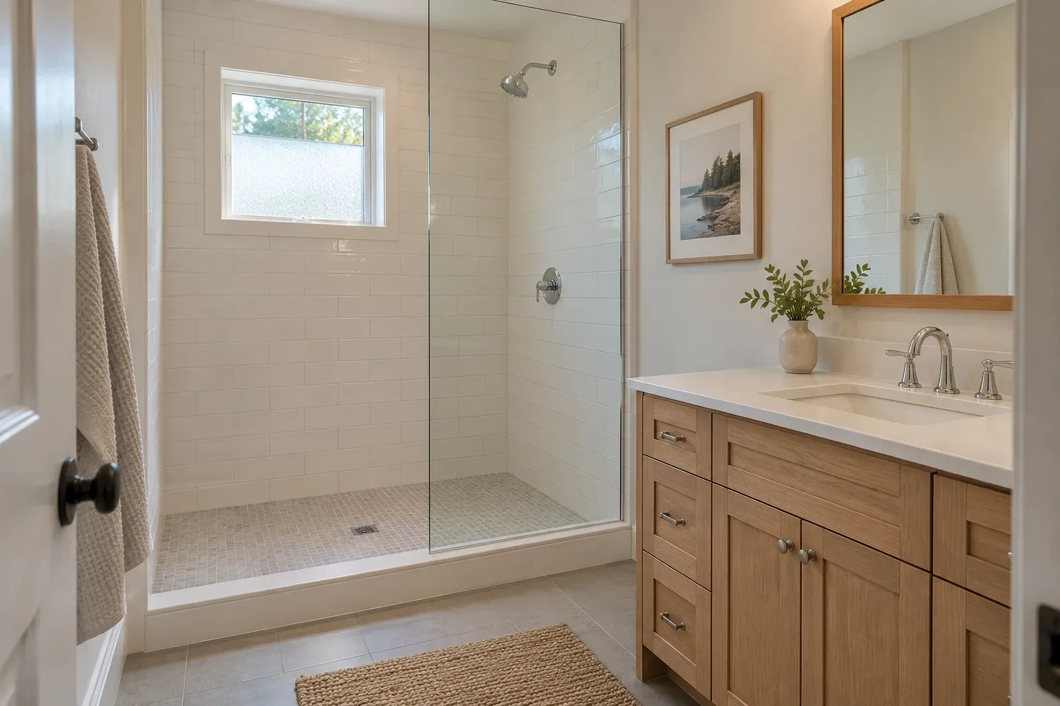 Tiled walk-in shower with a glass panel beside an oak bathroom vanity