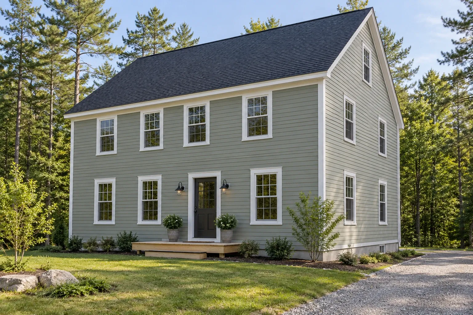 Pale-sage two-story home with white-trimmed windows and a low timber entry landing