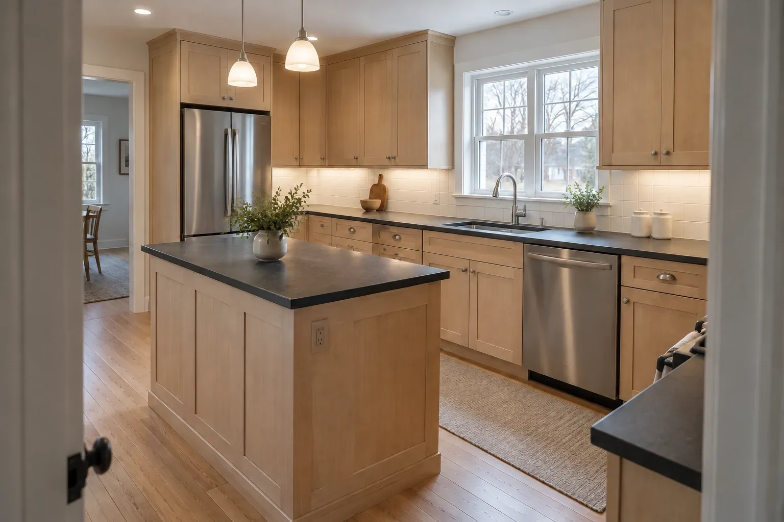 Maple kitchen cabinetry, dark countertops and a compact island in a finished kitchen