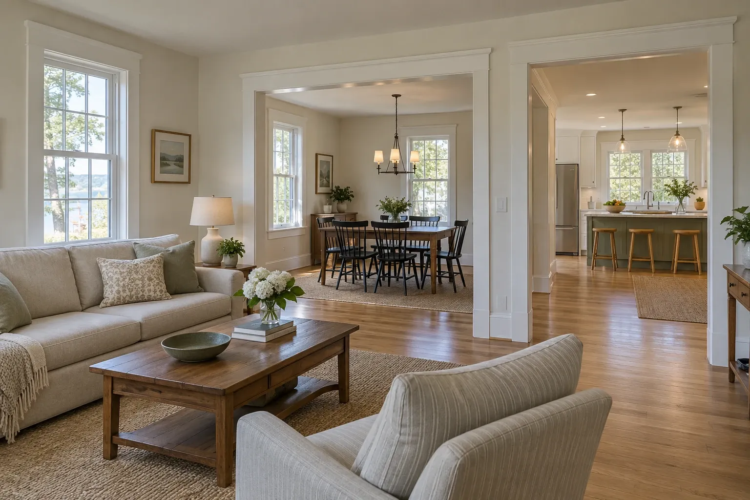 Connected living room, dining room and kitchen with consistent oak flooring and trim