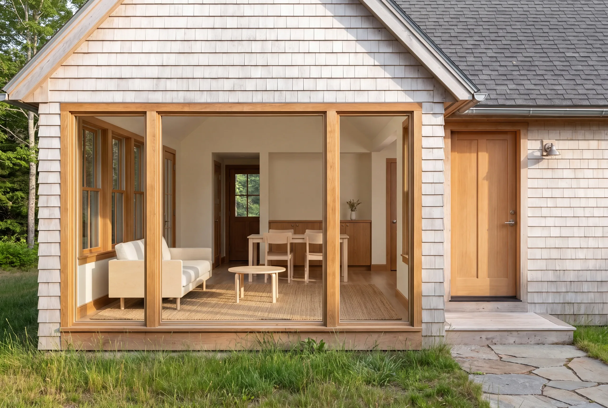 Exterior view showing a cedar-shingled home with a large glass-walled sunroom and an adjacent wooden entry door.