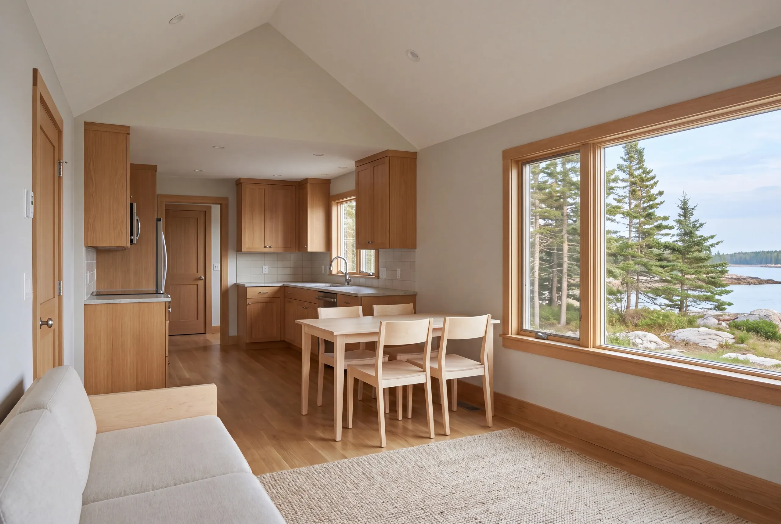 A finished interior showing a connected living area, dining set, and kitchen with wooden cabinetry and large windows overlooking pine trees and water.