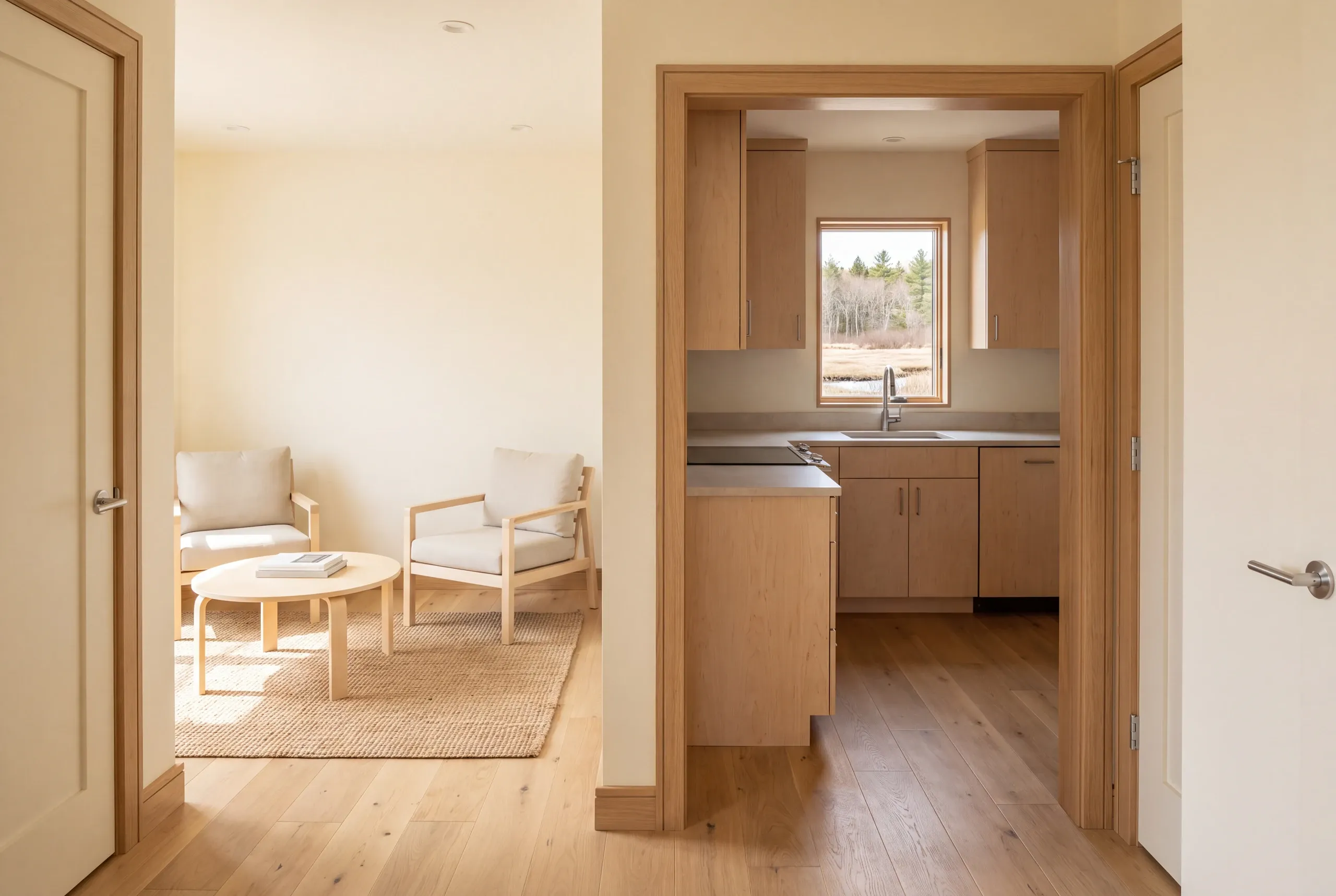 Interior view showing two connected newly remodeled rooms featuring coordinated light wood flooring and trim, an armchair seating area, and an adjoining kitchen.