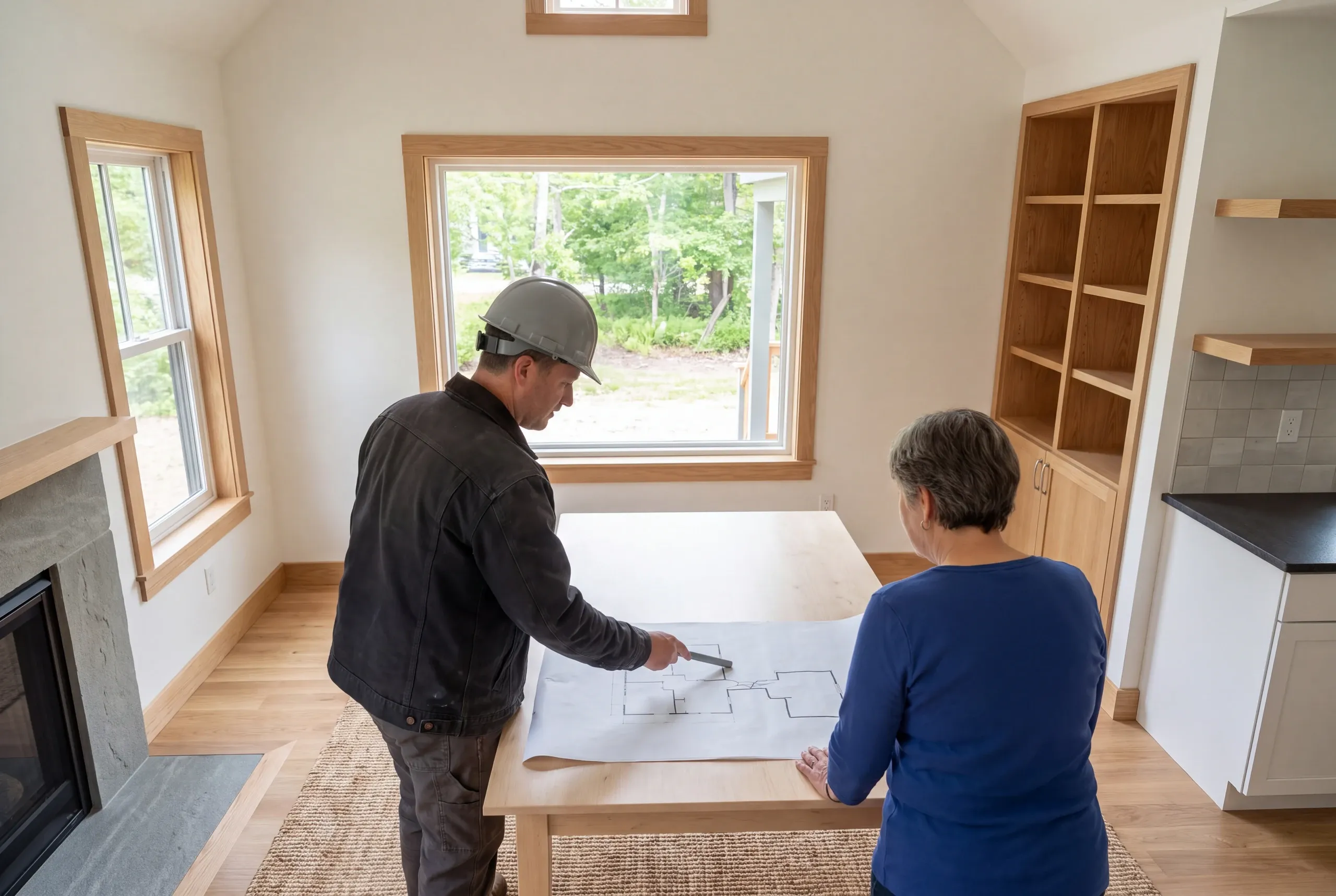 Two adults stand at a wooden table in a room reviewing a large floor plan layout.