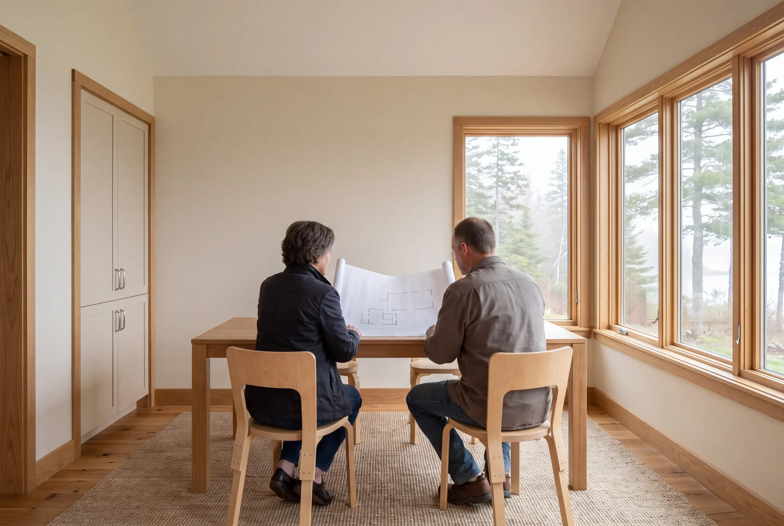 Two adults sit at a wooden table in a room with light walls and large windows, holding a rolled architectural drawing.