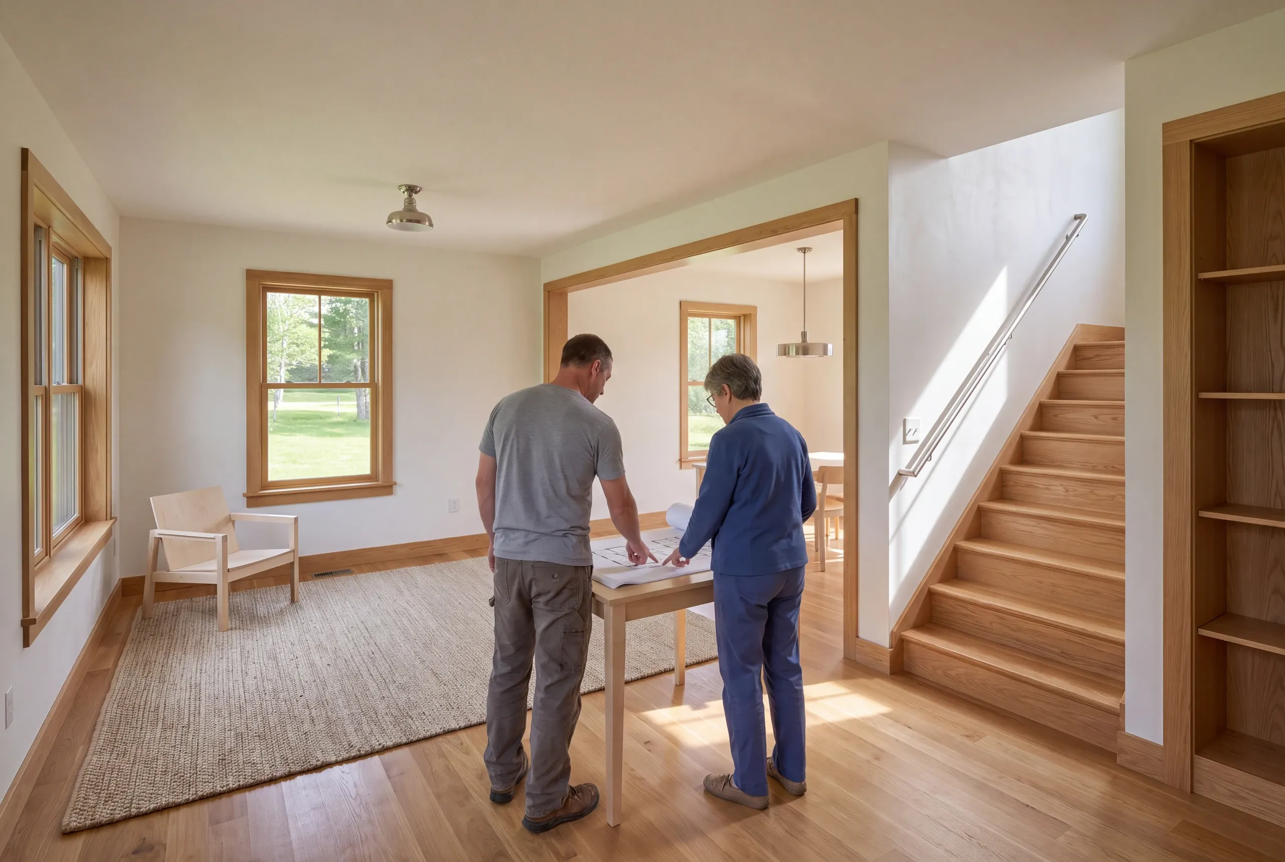 Two adults stand in a renovated room with wooden trim and stairs, reviewing a blueprint on a table.