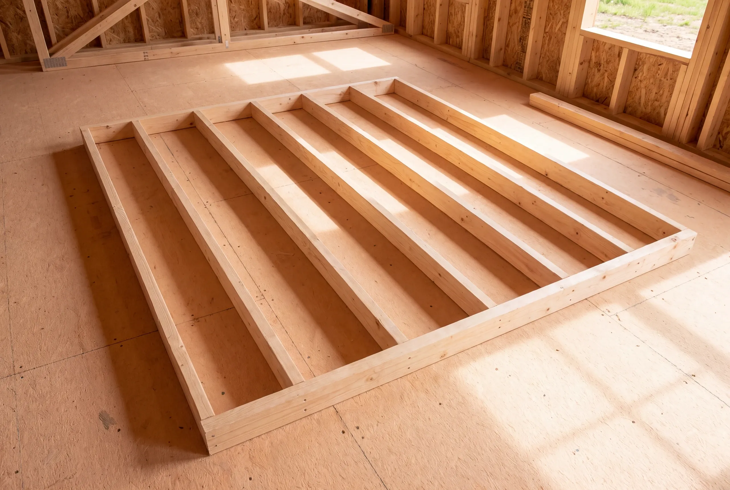 A wooden interior wall frame lies flat on a subfloor inside a building under construction.