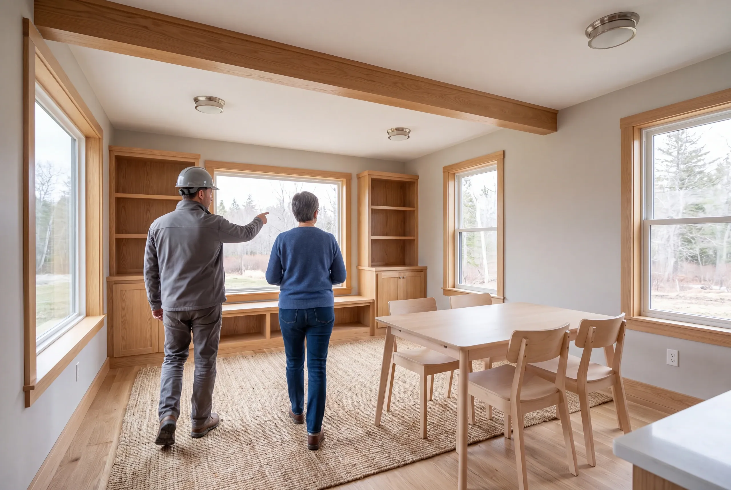 Two adults viewed from behind stand inside a finished room with wooden trim and furniture while looking out a large window.