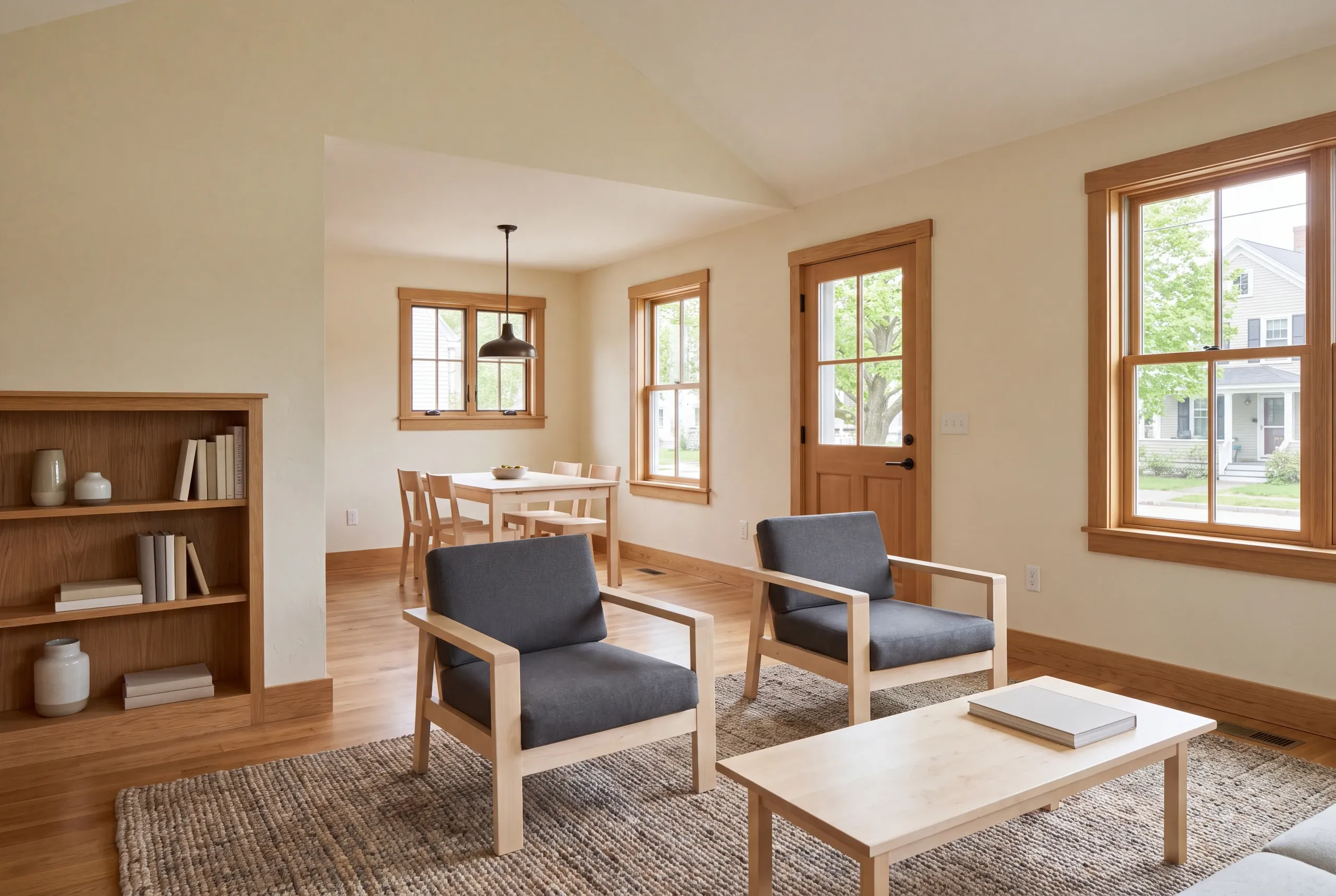 Interior view showing a living room in the foreground and a dining area visible through a wide doorway, both featuring light wood trim and flooring.