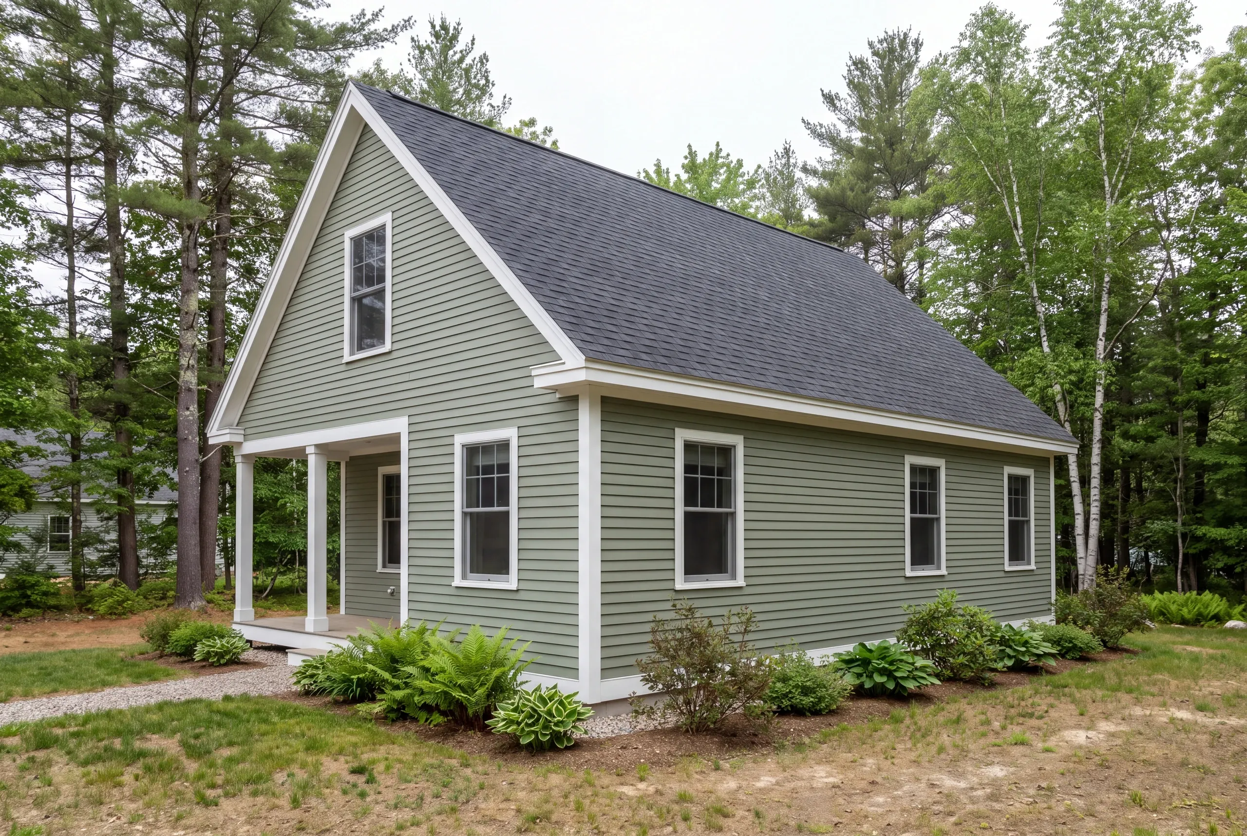 A two-story green house with white trim and a dark shingled roof stands surrounded by trees and greenery.