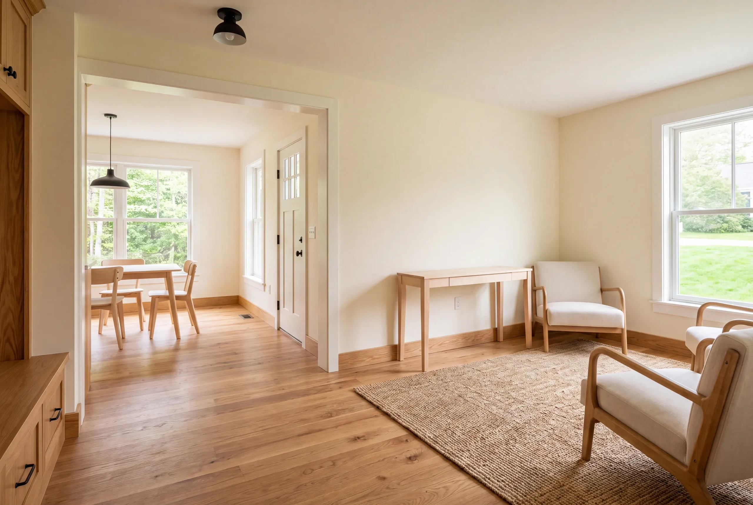 A brightly lit, finished room with oak flooring and trim opens into an adjacent dining area through a wide doorway.