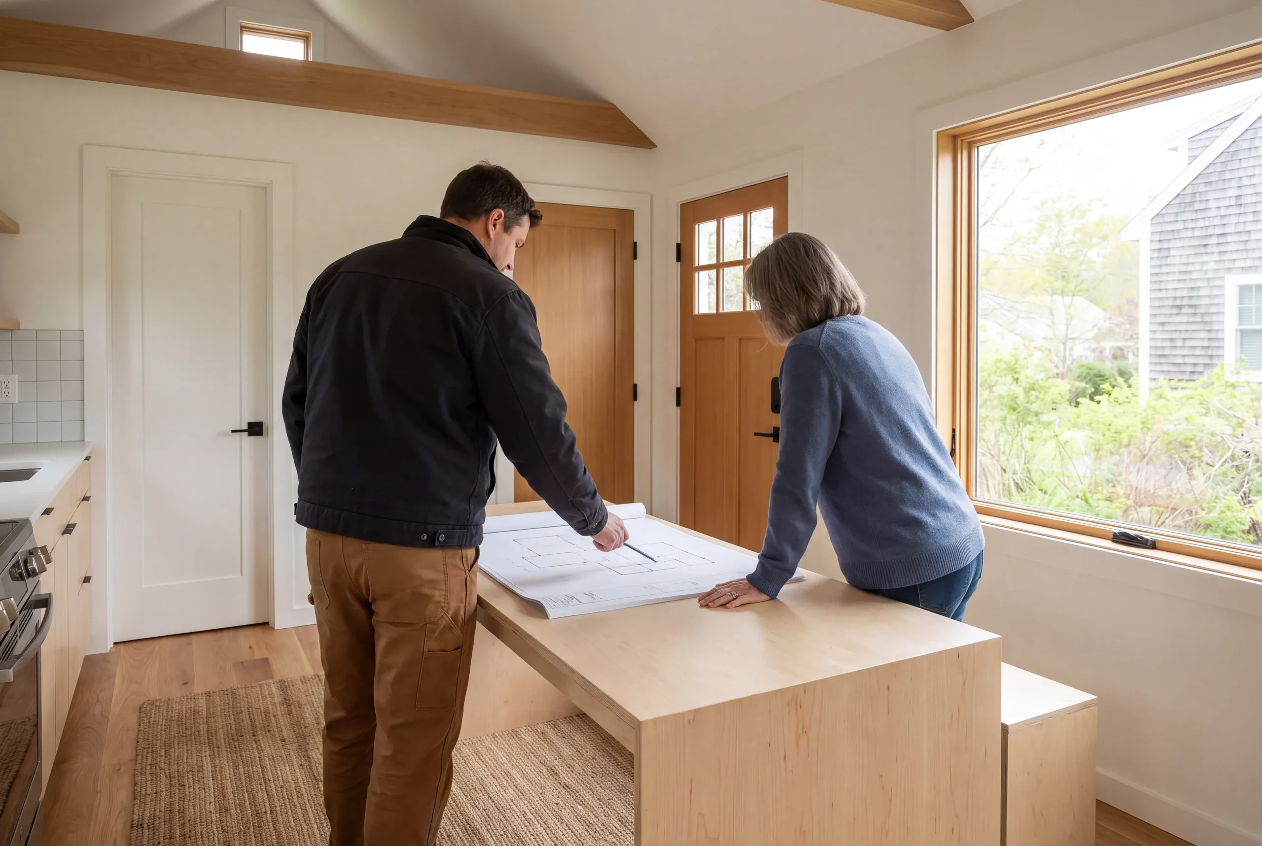 Two adults stand at a wooden counter reviewing a floor plan layout inside a room with wood-trimmed windows and doors.