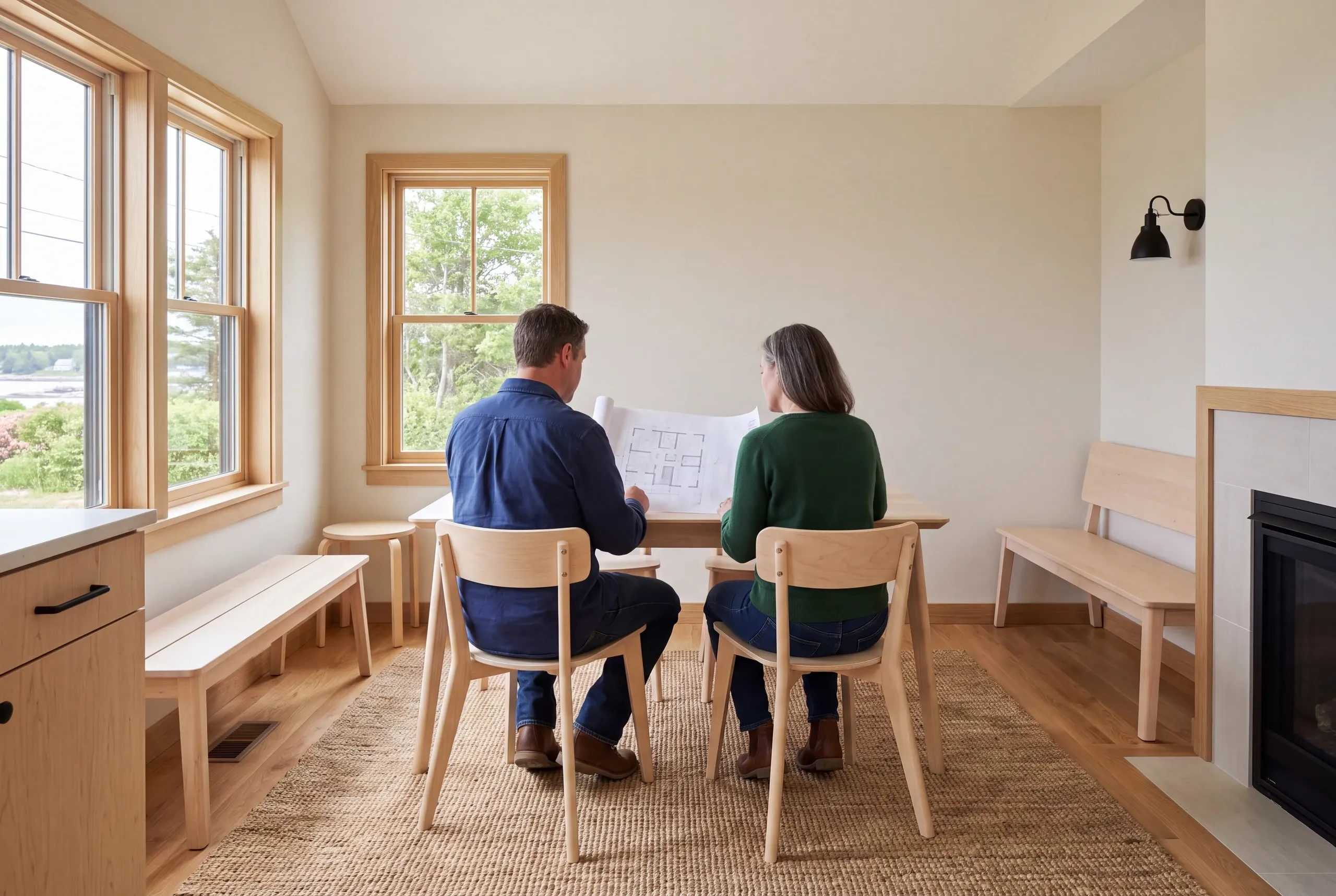 Two people seated at a wooden table in a brightly lit room, looking at a large architectural blueprint together.