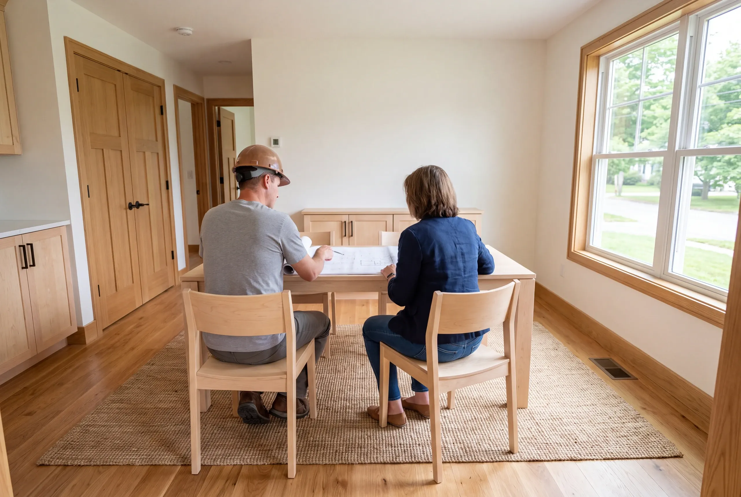 A builder wearing a hard hat and a homeowner seated at a wooden table reviewing architectural plans in a renovated room.