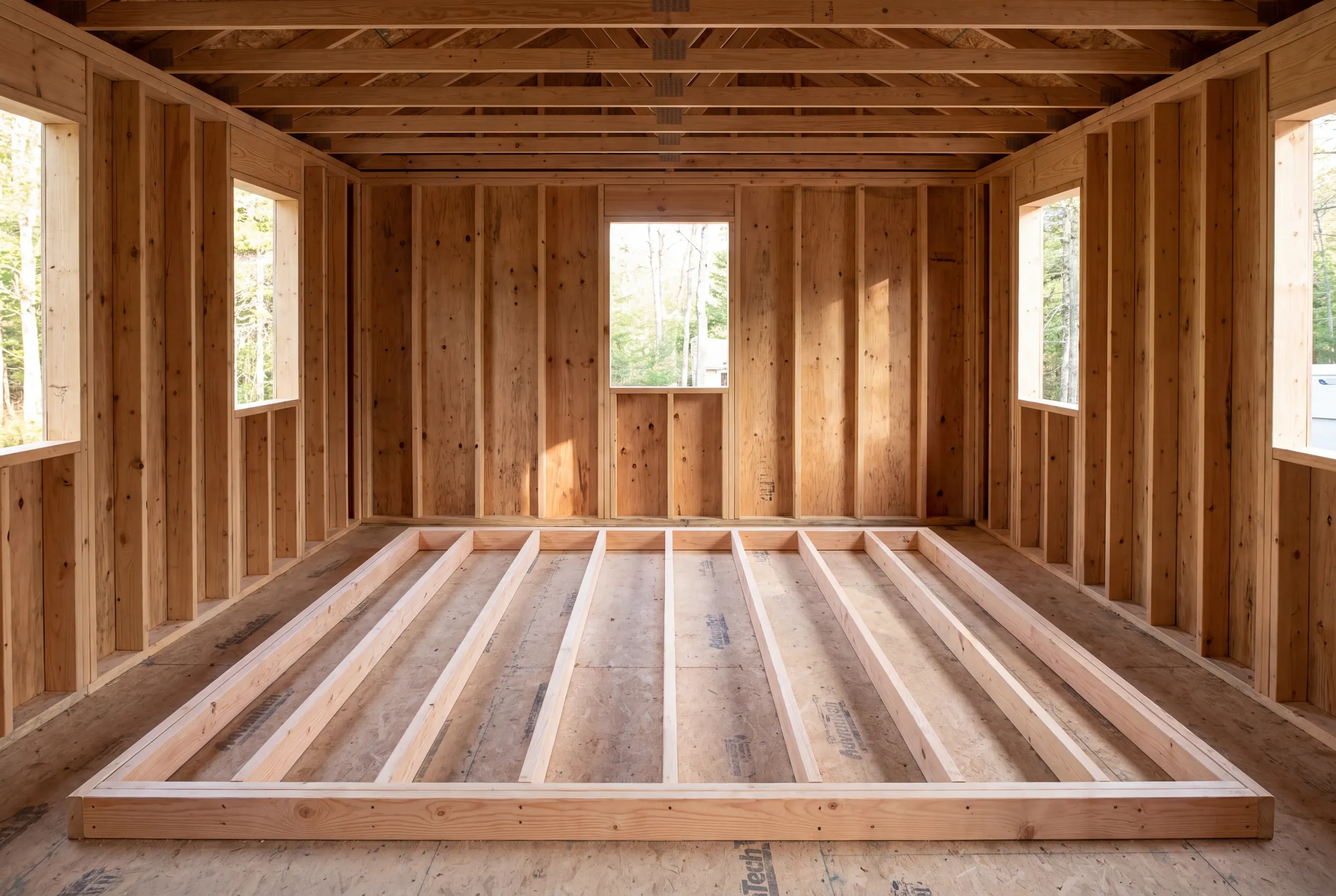A rectangular wall frame lies flat on a subfloor inside a framed room.