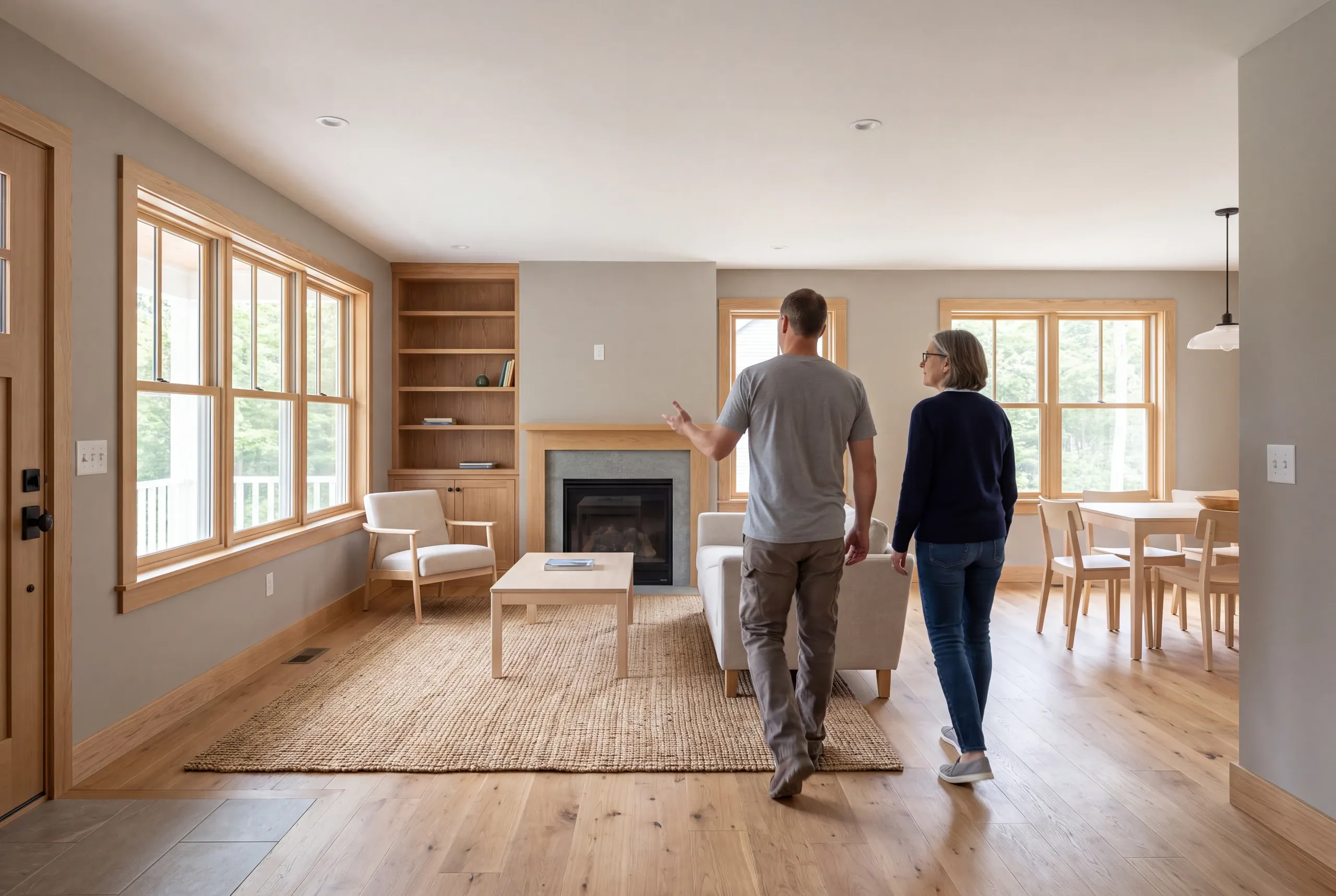 Two adults seen from behind walk across a hardwood floor in a furnished living and dining area with wooden trim.