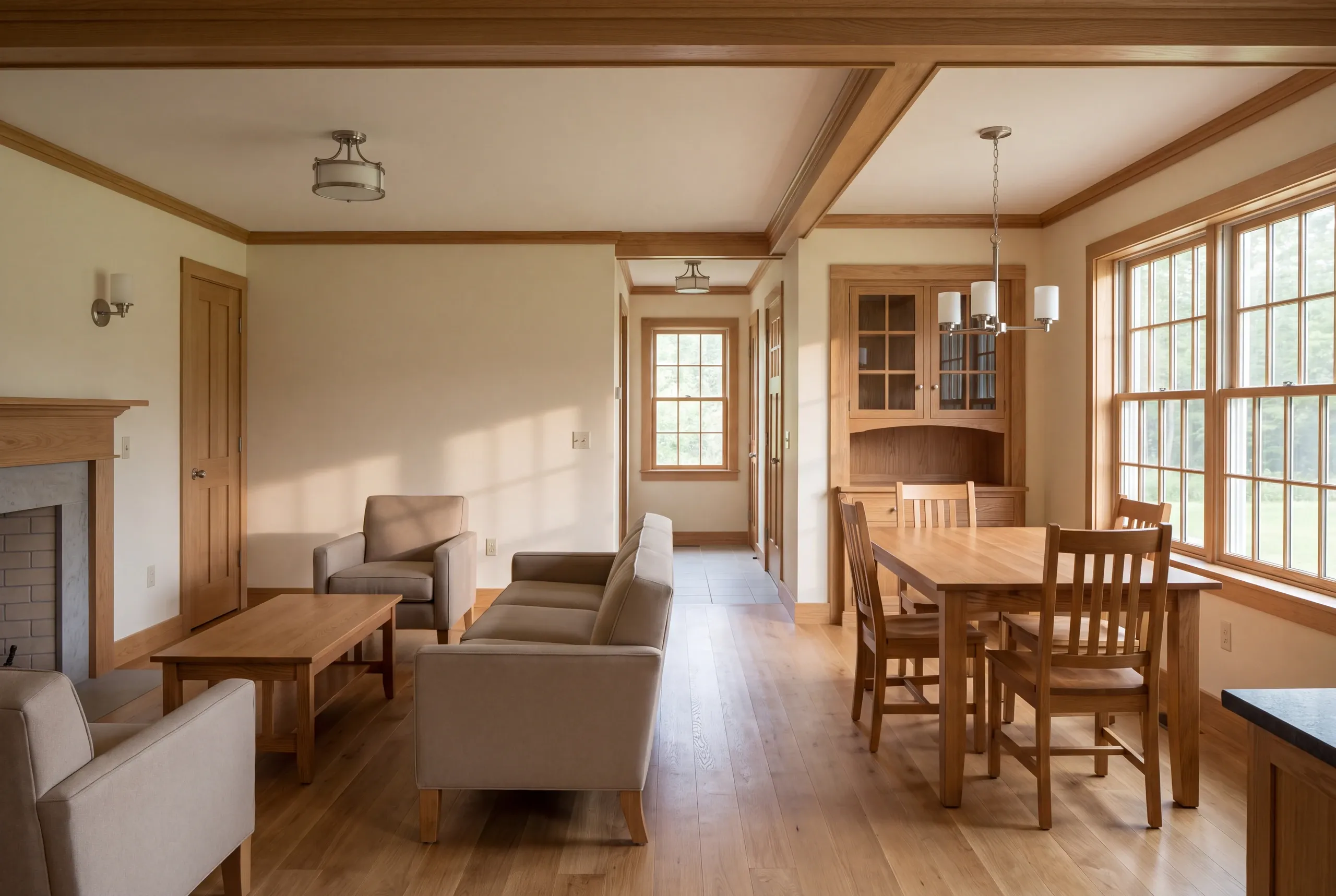 A finished living and dining area featuring light wood trim, hardwood flooring, a sofa, armchairs, a dining table with chairs, and a built-in cabinet.