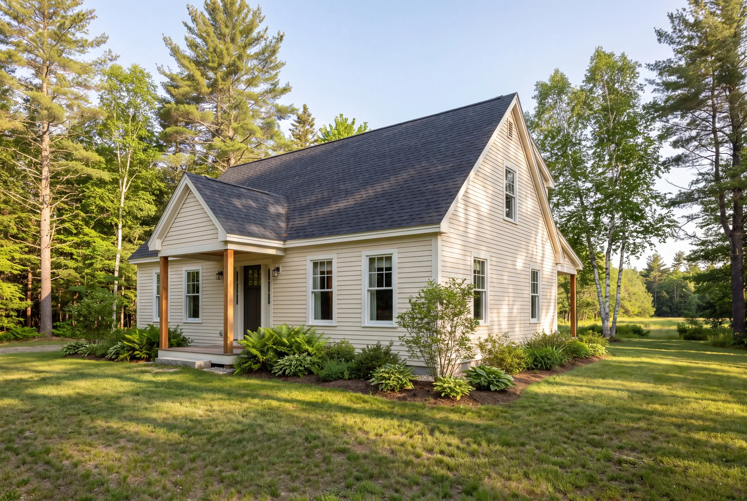 A freshly renovated yellow house with a dark shingled roof is shown in a three-quarter exterior view surrounded by trees and a grassy lawn.