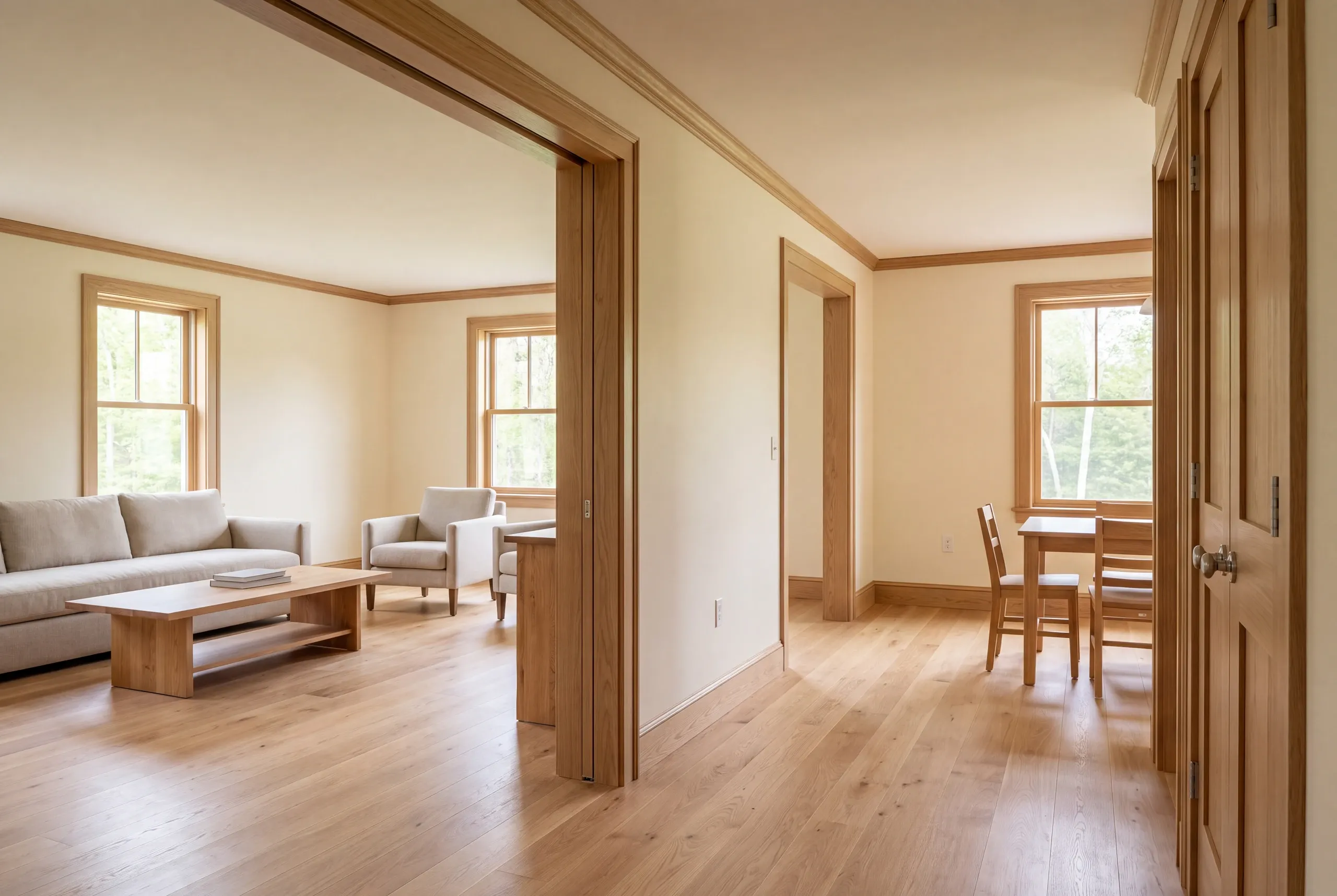 Two connected remodeled rooms with light wood flooring, trim, and doors, furnished with a sofa, chairs, table, and wooden table and chairs.