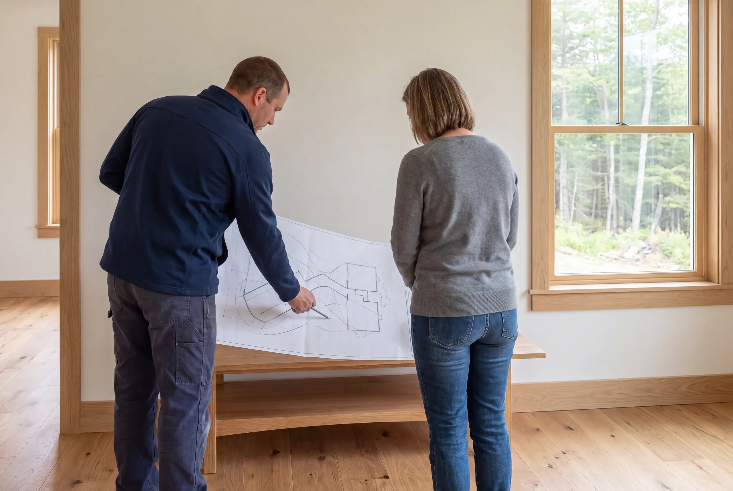 Two adults stand inside a room with wooden floors and trim, looking down at a large floor plan laid out on a low wooden table.