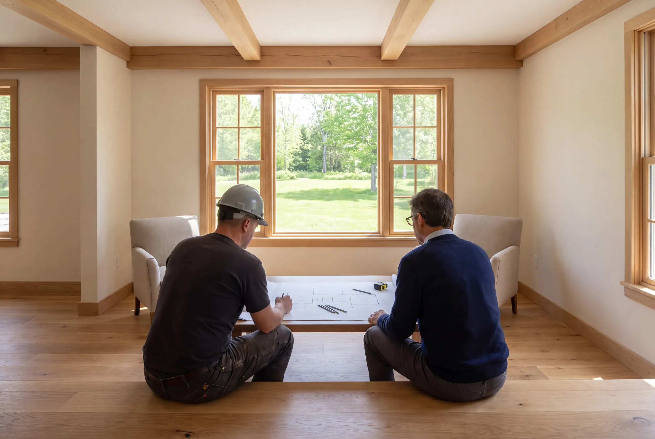 Two men sit facing each other across a low coffee table reviewing architectural drawings in a sunlit room with exposed wooden ceiling beams and large windows.