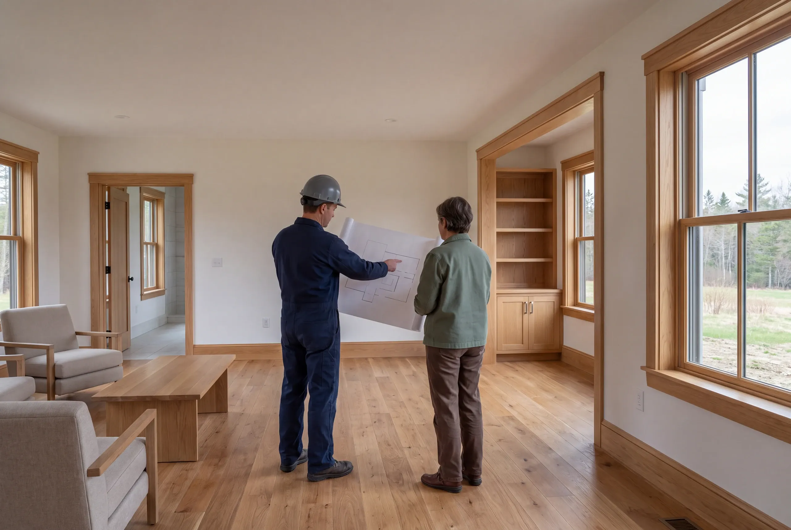 Two people viewed from behind examine a large sheet of paper in a newly renovated room with wooden trim and flooring.