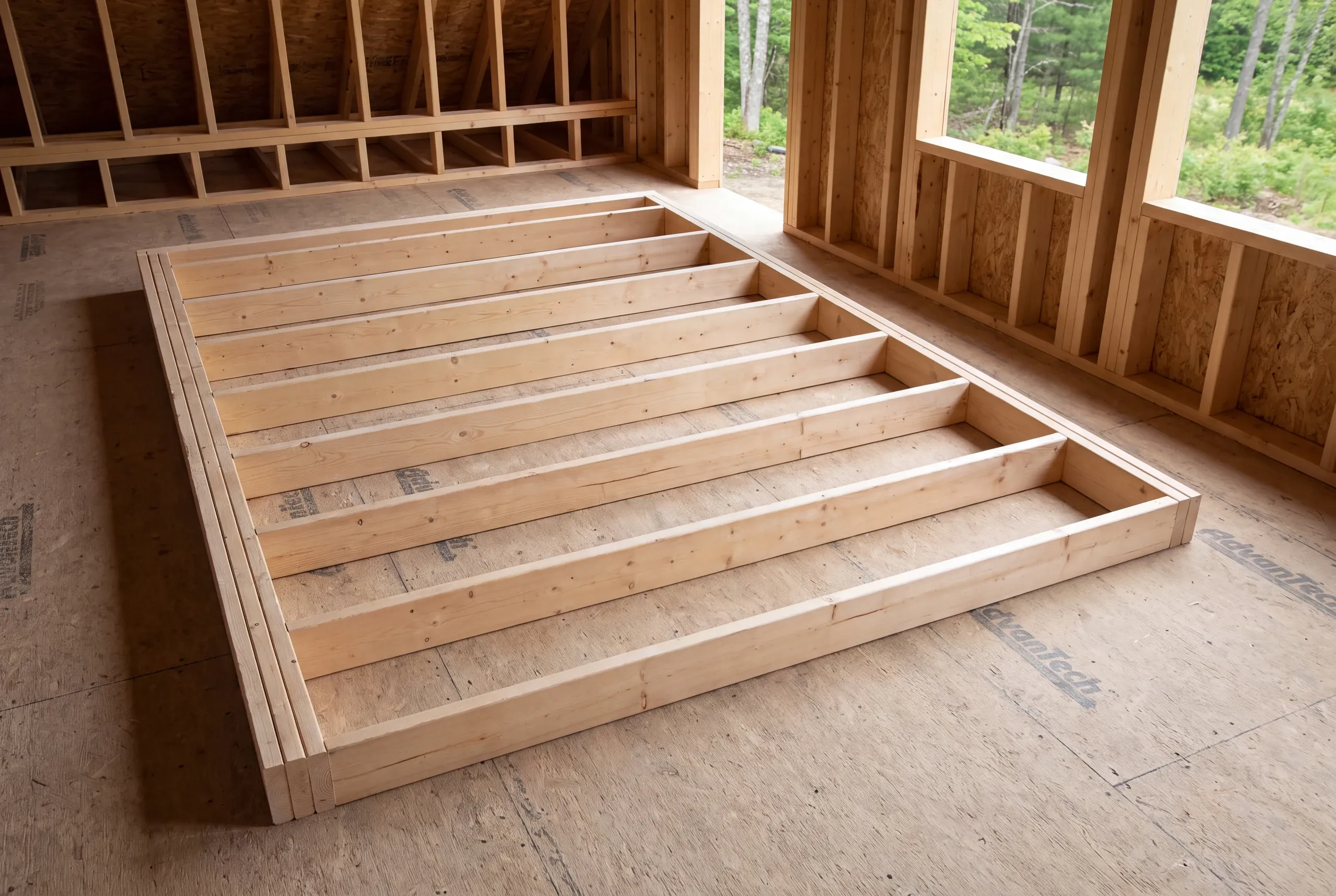 A wooden interior wall frame lies flat on a subfloor inside a room under construction.