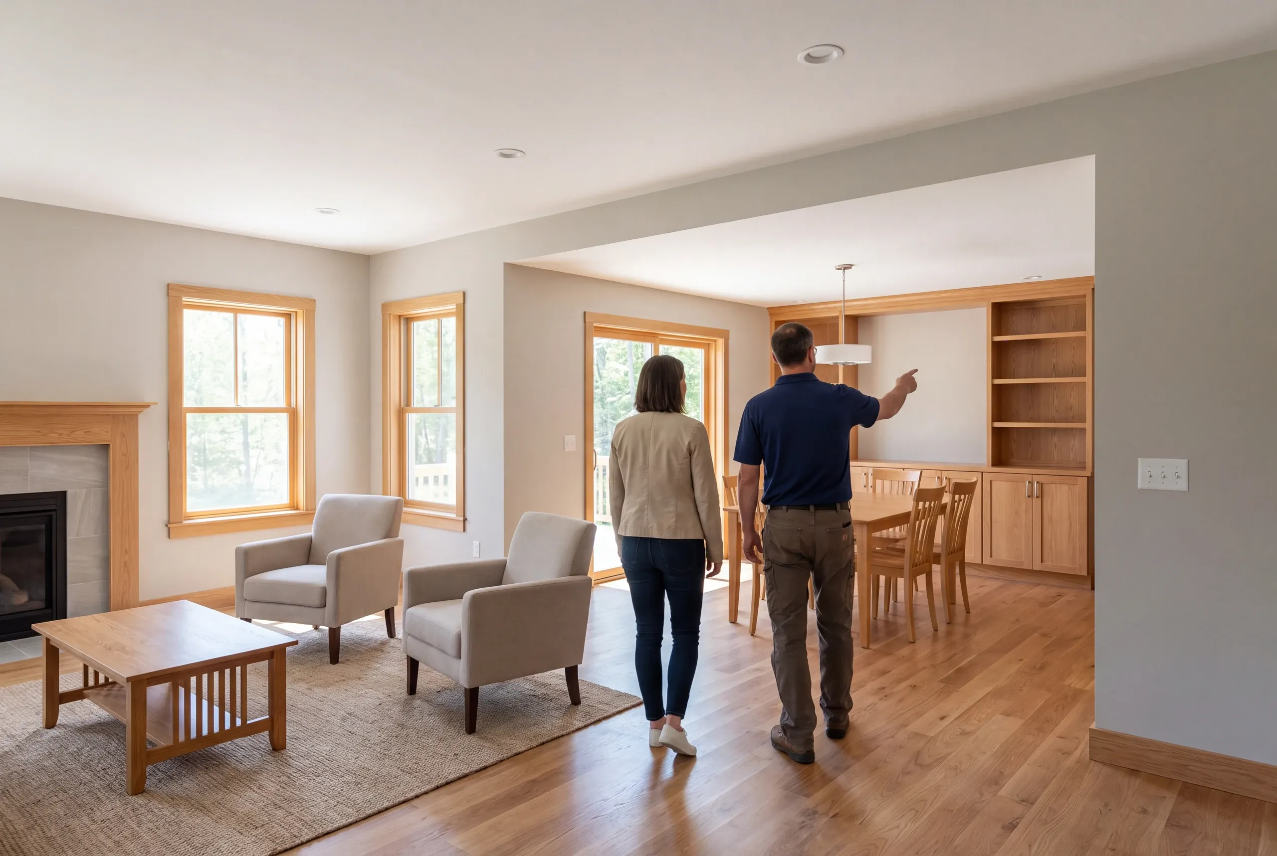 Two adults stand in a finished living room facing a dining area with built-in cabinetry and wooden trim.