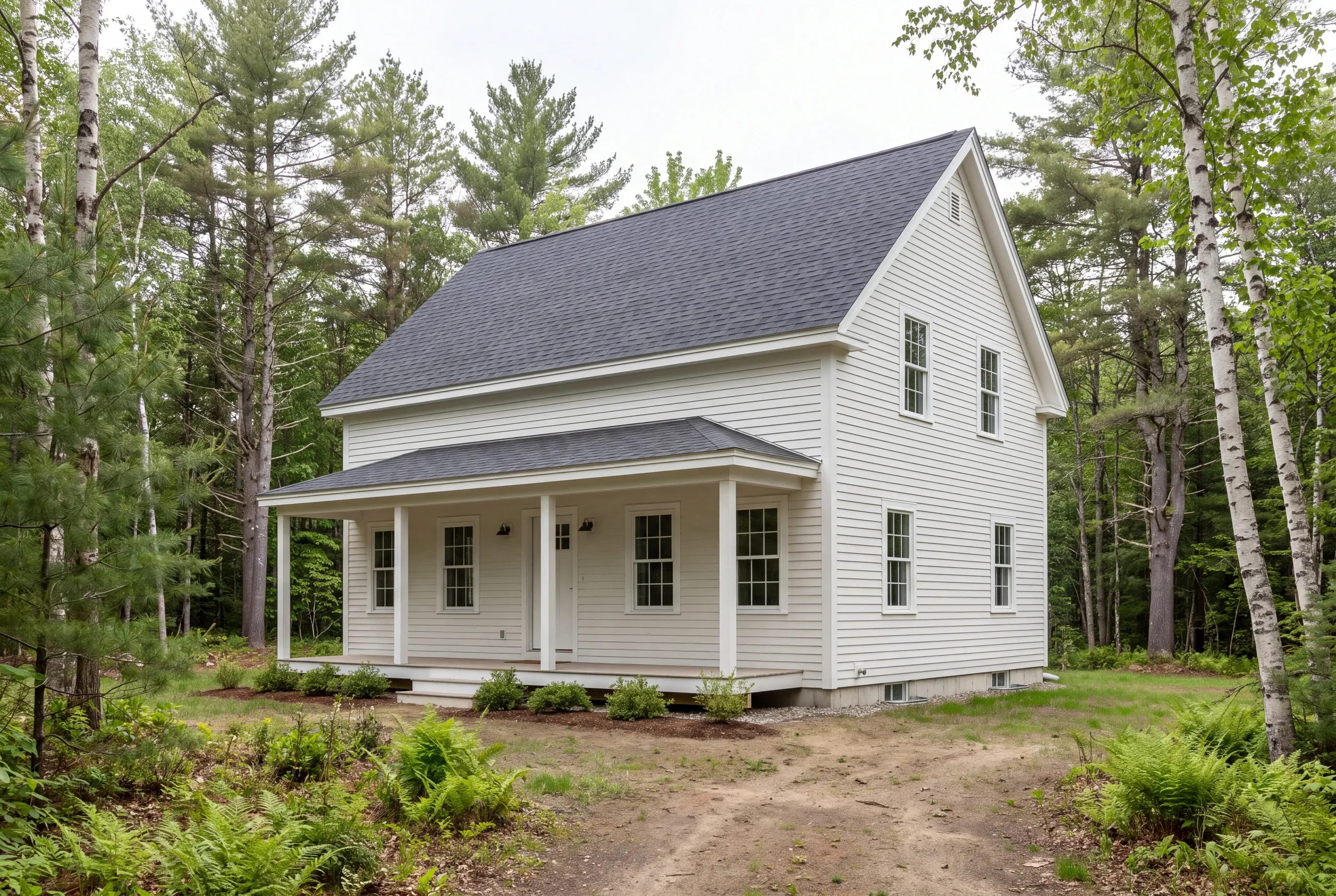 A two-story white house with a dark shingled roof and front porch stands surrounded by trees.
