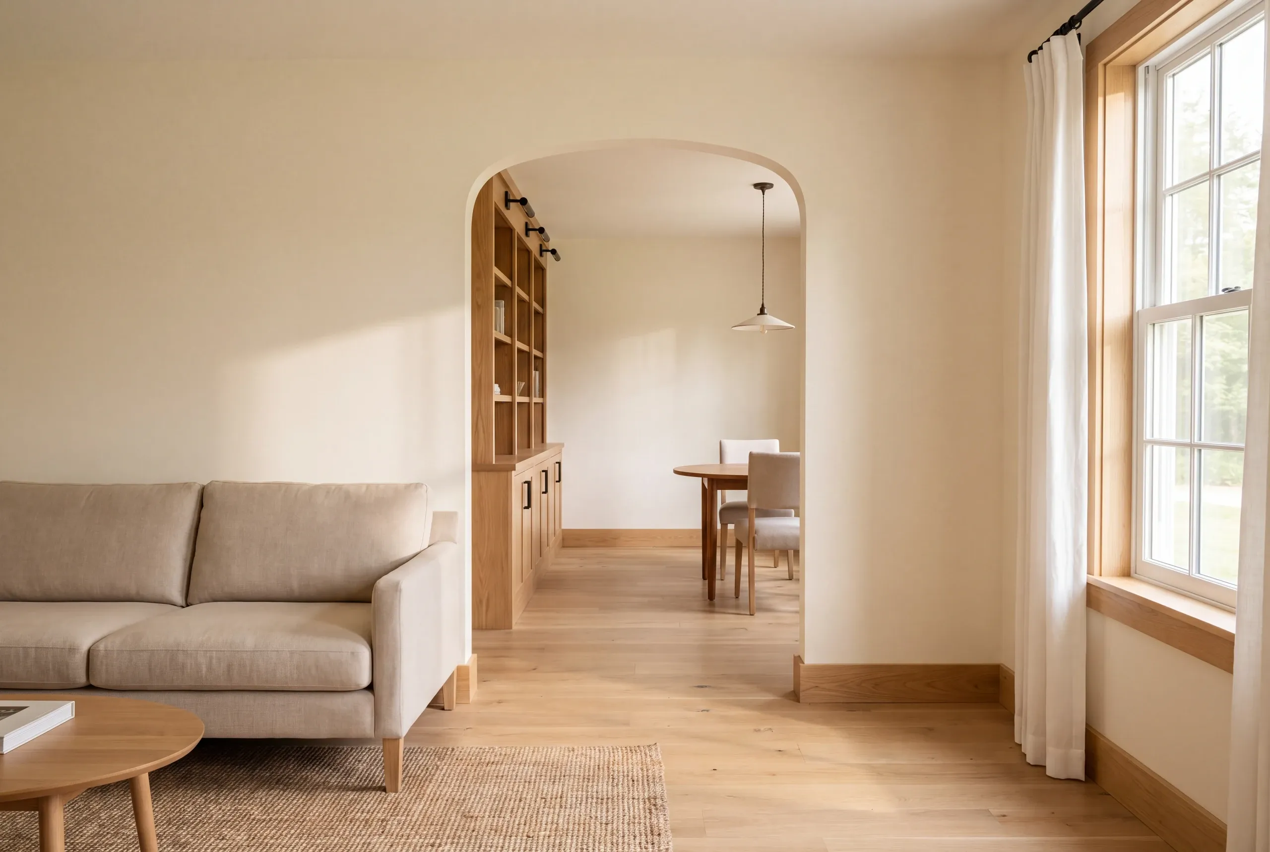 A living room with a beige sofa opens through an arched doorway into an adjacent dining area with wooden cabinetry and flooring.