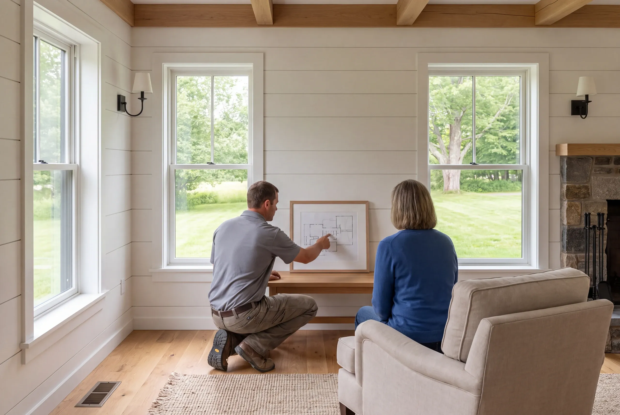 Two adults view a framed floor plan resting on a low wooden table inside a brightly lit room with white shiplap walls and large windows.