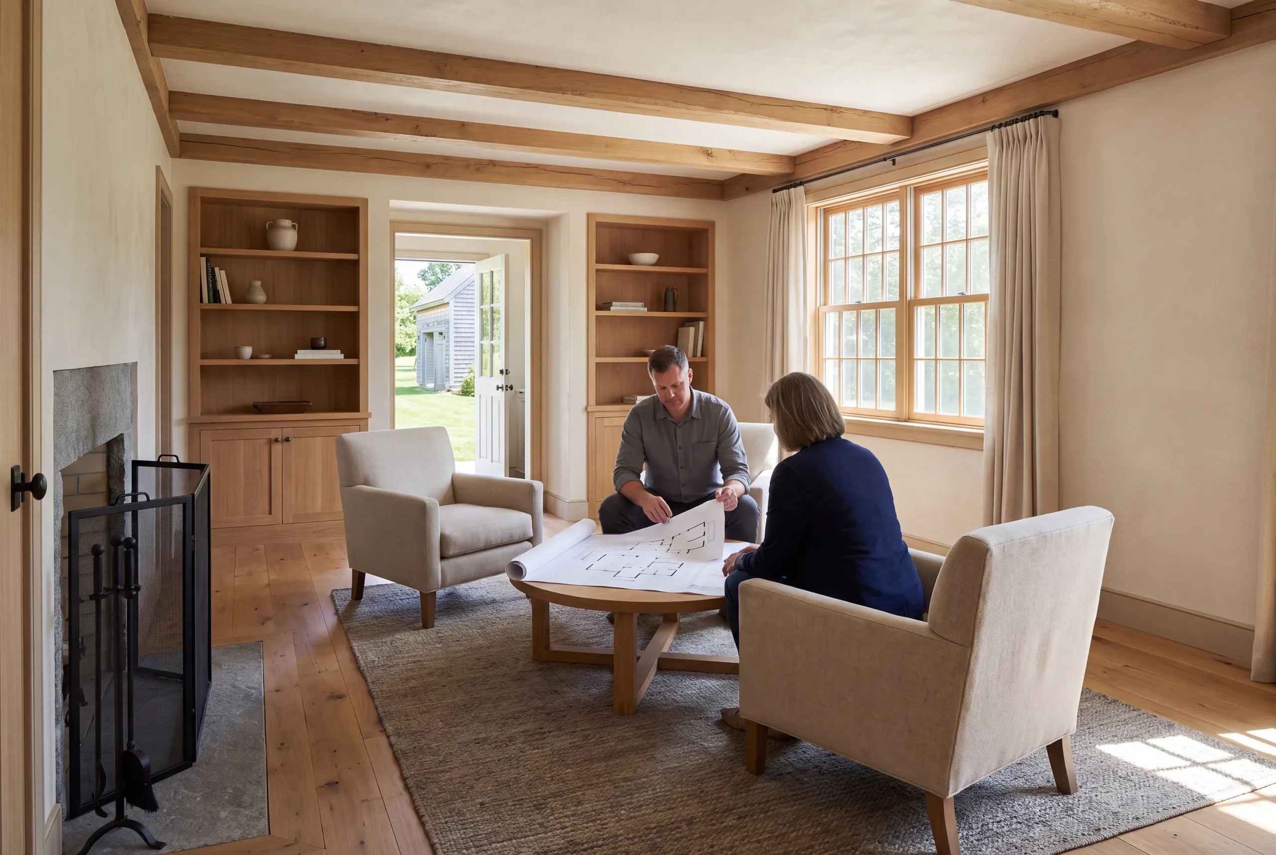 Two adults seated around a coffee table in a furnished living room, looking over a large floor plan laid out on the table.