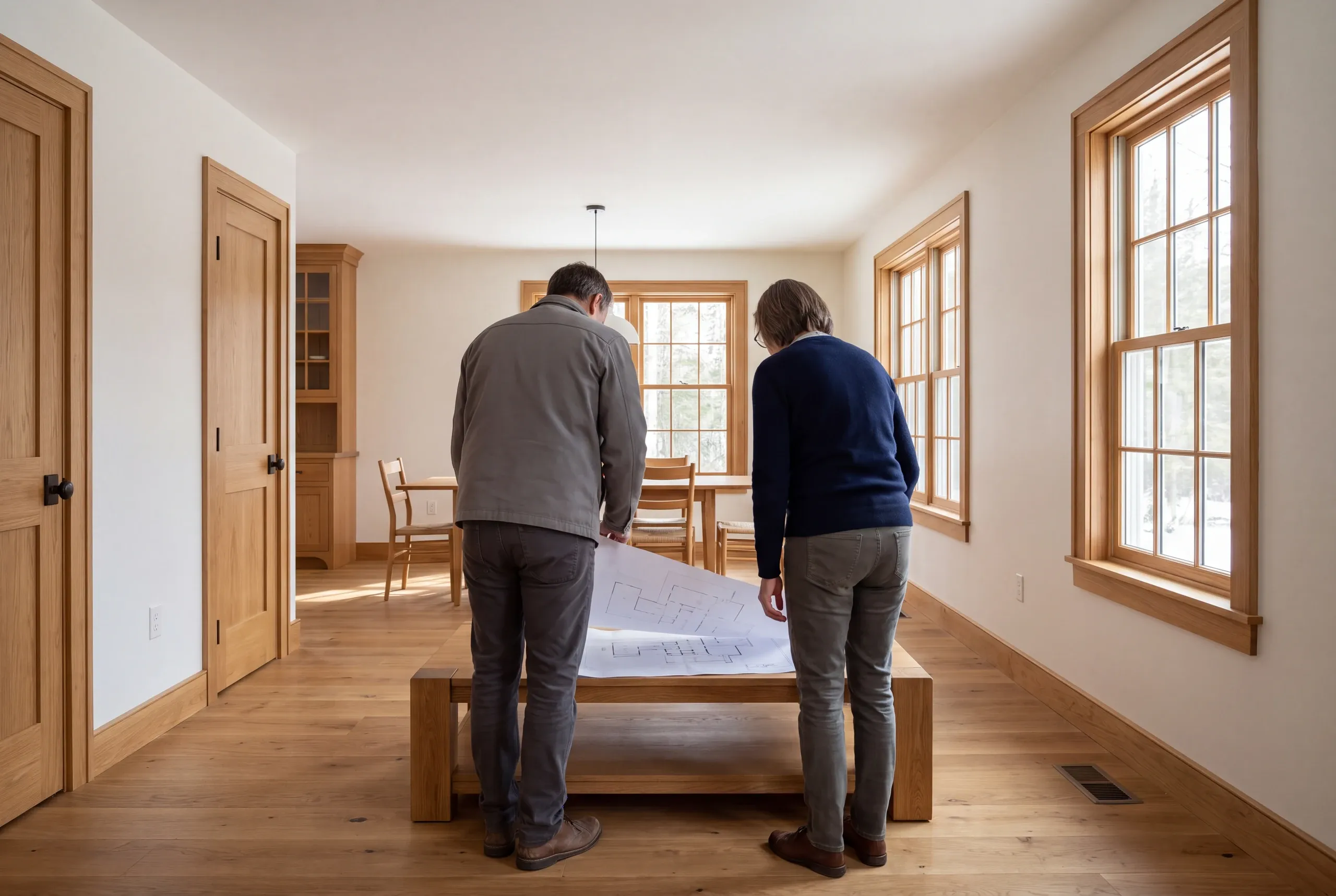 Two people viewed from behind examine a floor plan spread across a wooden table inside a bright room with light wood floors and trim.