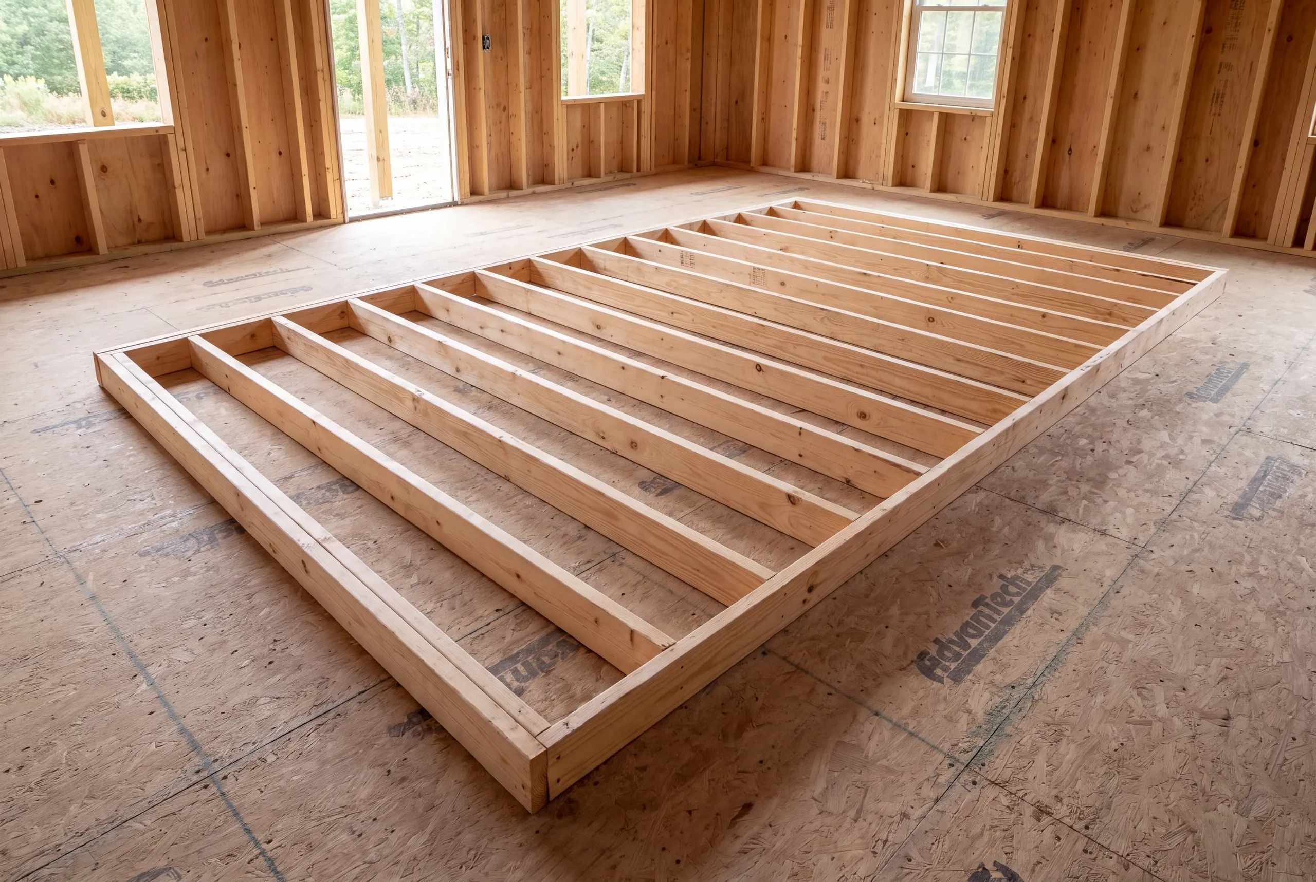 A wooden interior wall frame lies flat on a subfloor inside a room under construction.