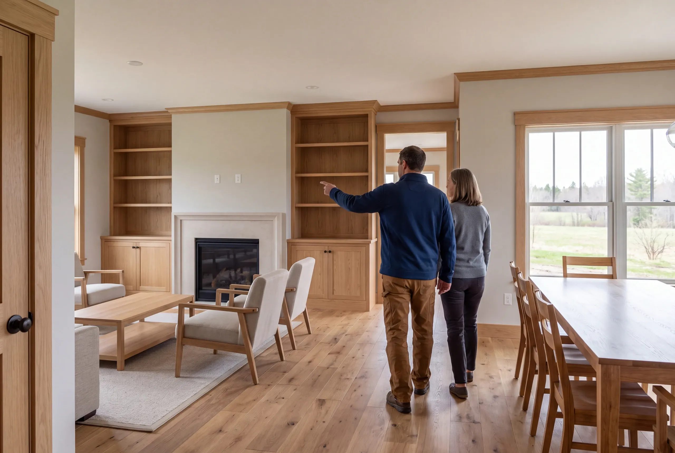 Two adults seen from behind walking through a furnished living and dining area with built-in bookshelves and oak trim.
