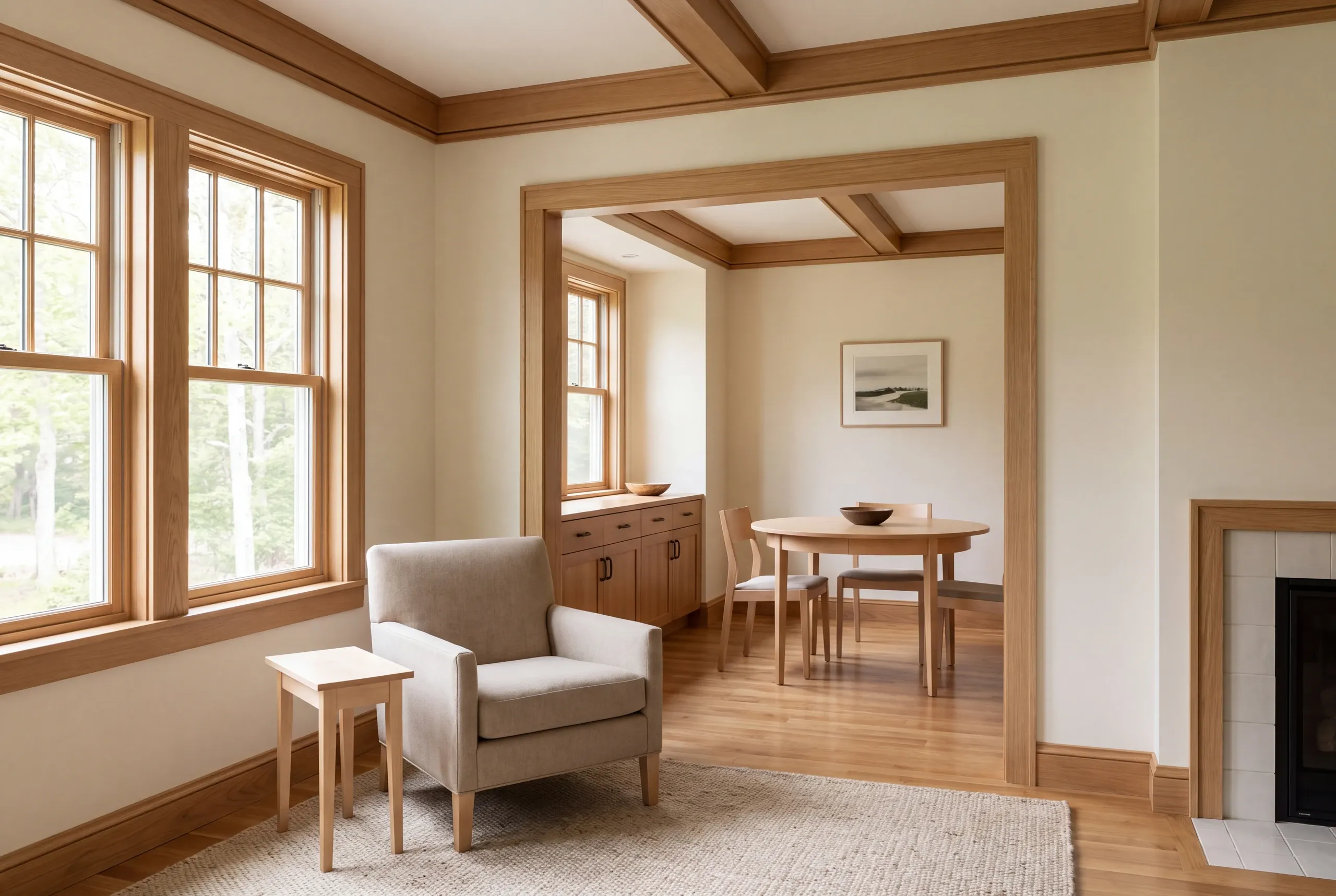 A bright finished room with light oak trim, wood floors, an armchair, and a view through a large doorway into an adjacent dining area.