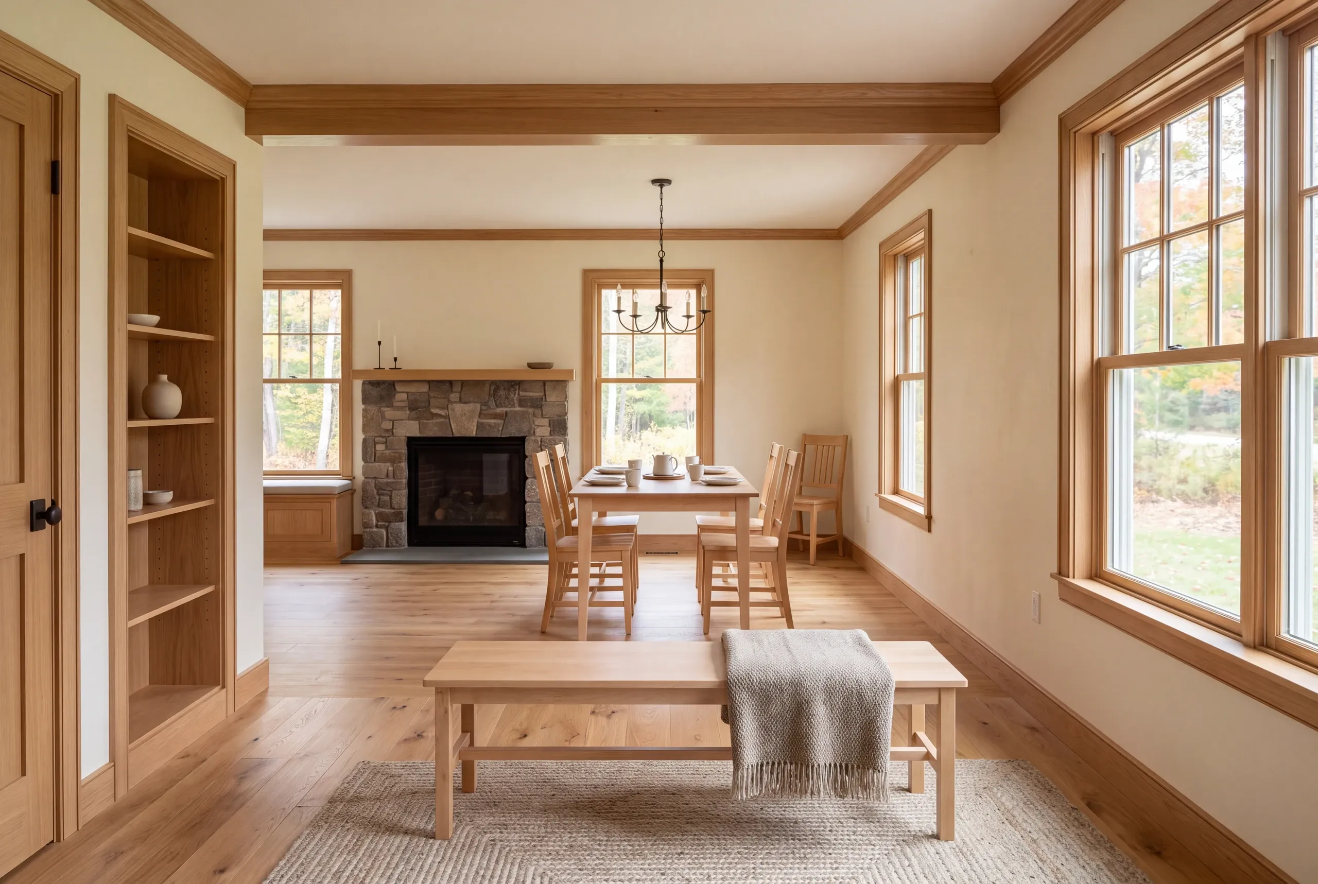 Whole house renovation in Brunswick, ME: interior view of connected living and dining rooms featuring hardwood floors, matching oak trim, and a stone fireplace.