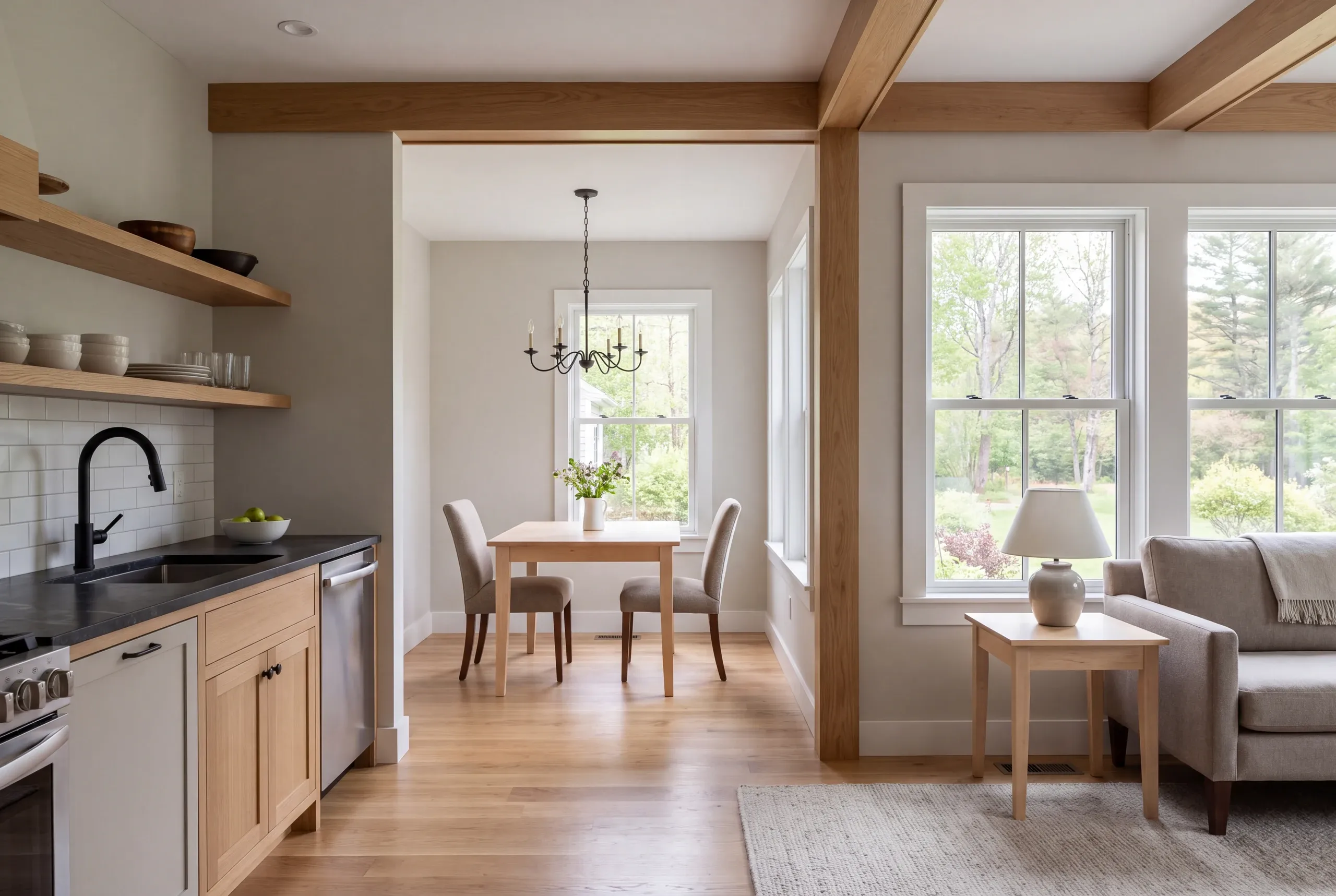 A finished interior view showing the connection between a kitchen, dining area, and living room with wooden beams and hardwood floors.